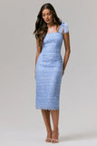 Precious Treasure Powder Blue Square Neck Midi Dress With Tie Details