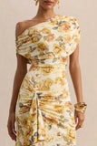 Siora Lemon Rose Print Asymmetric Neck Maxi Dress With Draped Detailing