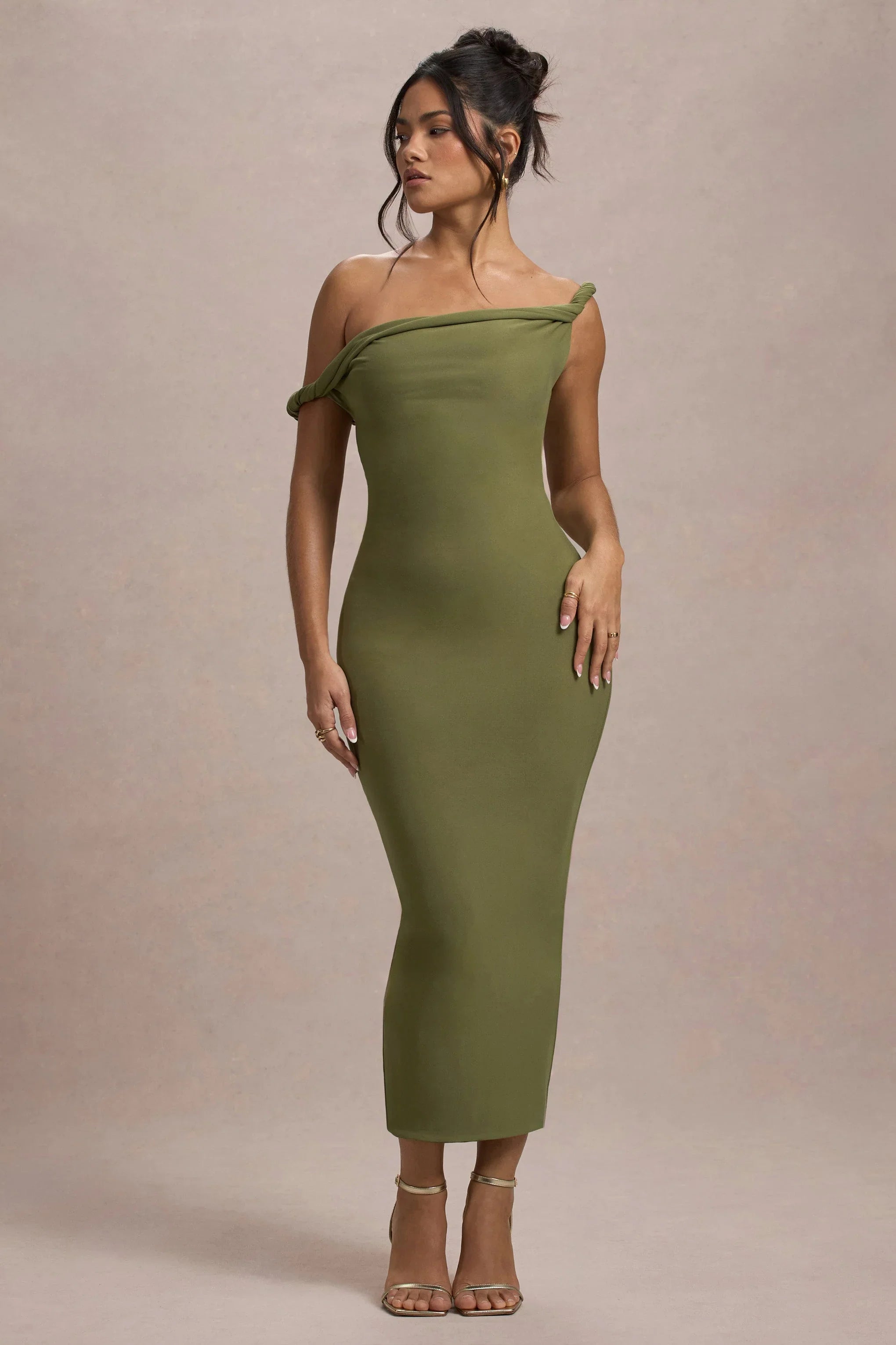 Salome Olive Twisted Asymmetric Midi Dress