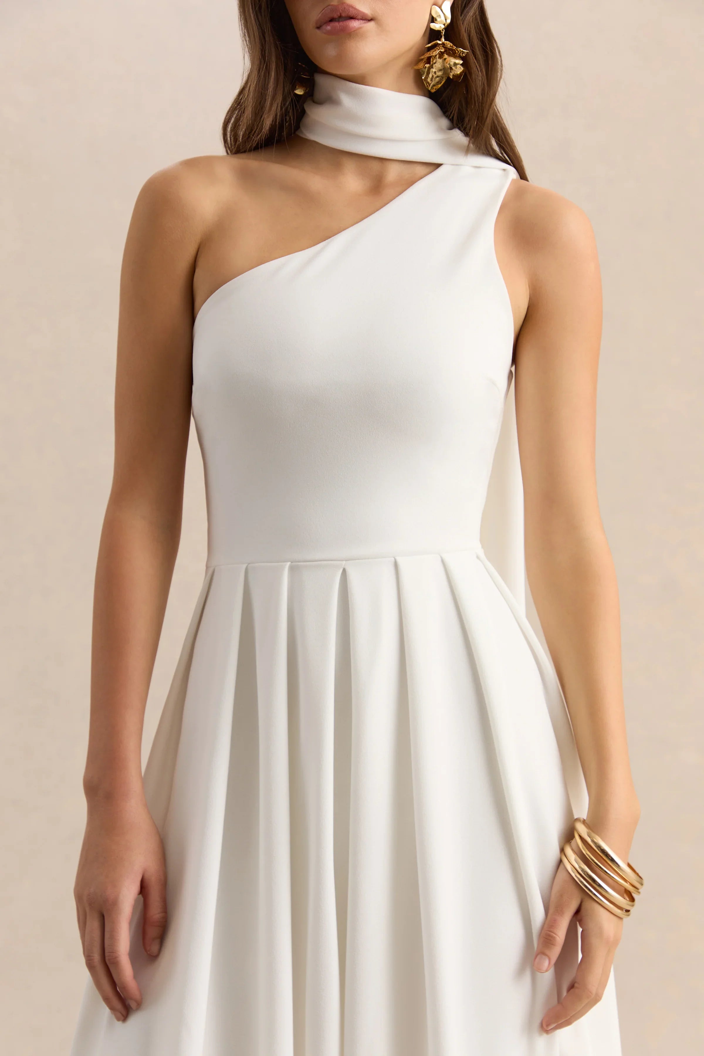 Odette White Asymmetric Neck Midi Dress With Scarf