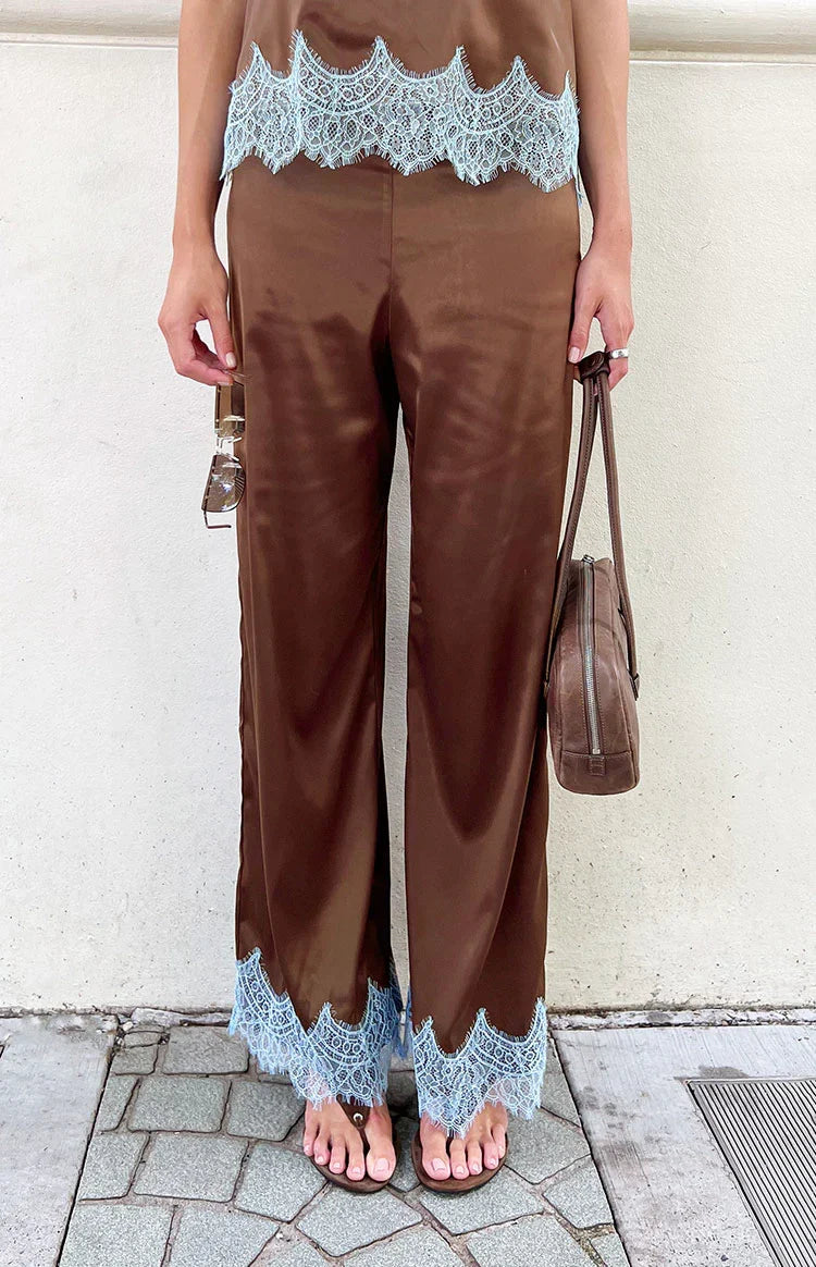Shirley Lace Trim Brown Satin Pants