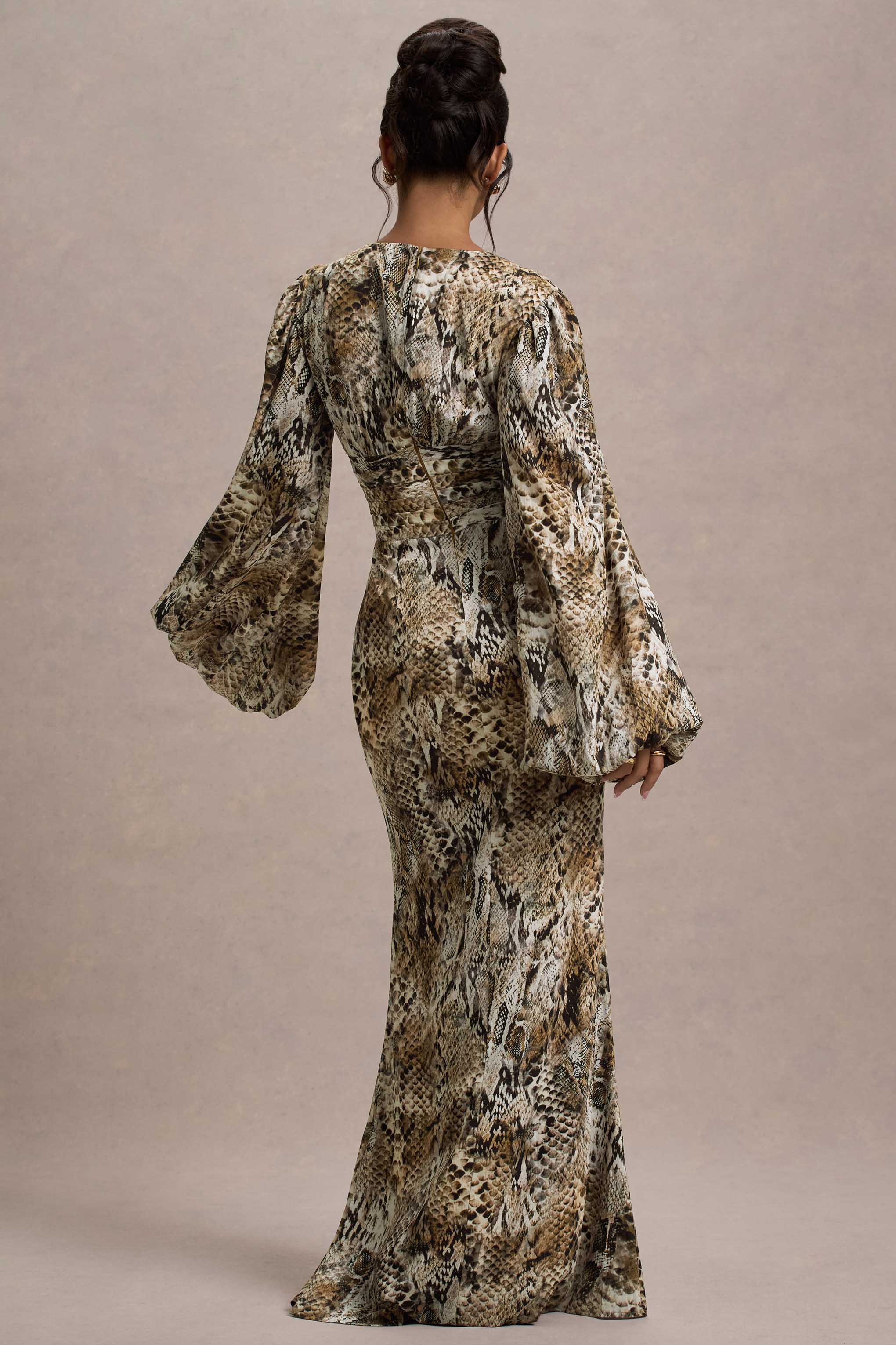 Casarile Snake Print V Neck Balloon Sleeve Maxi Dress