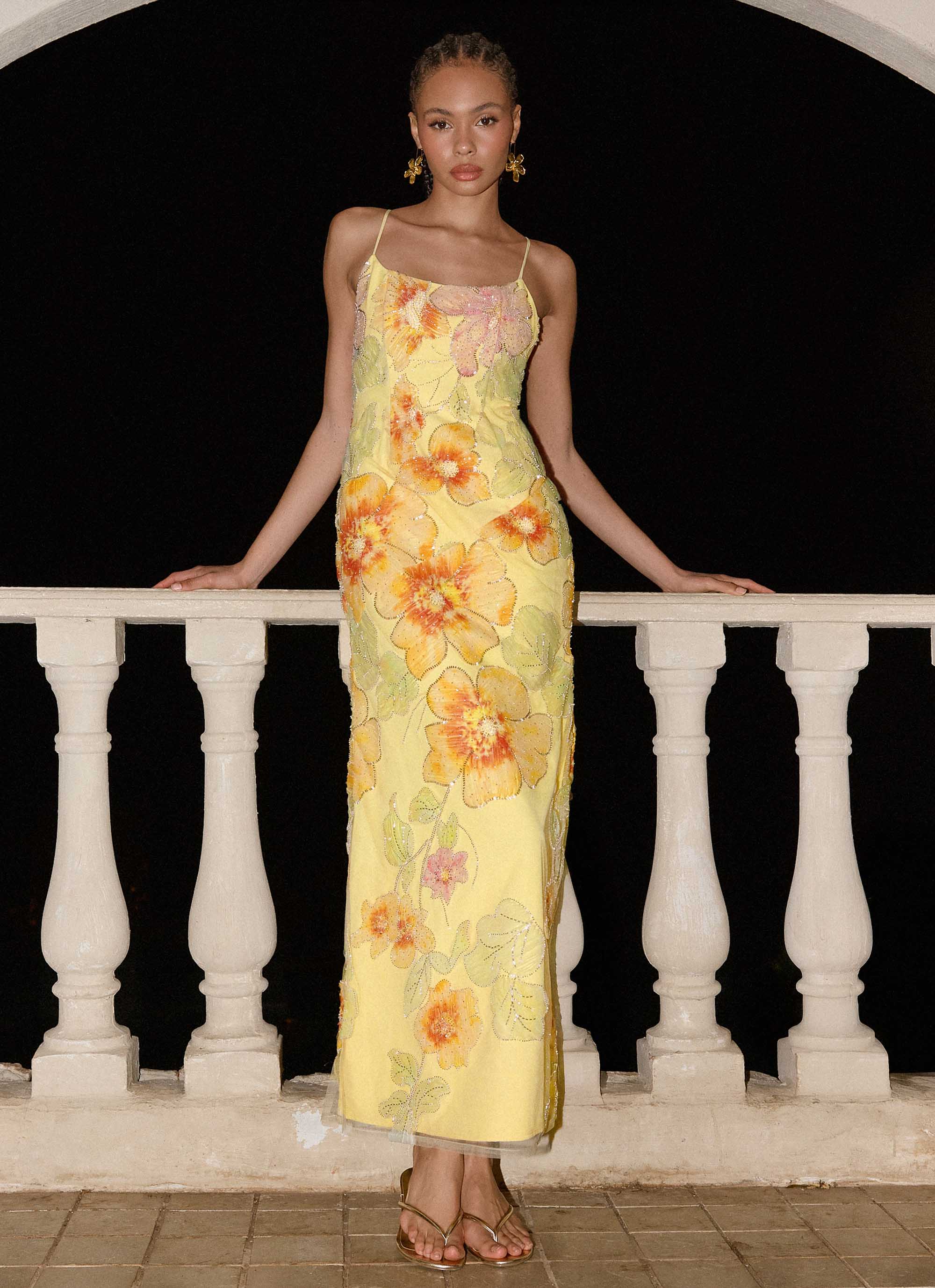 Morning Light Beaded Maxi Dress Yellow Floral Beaded