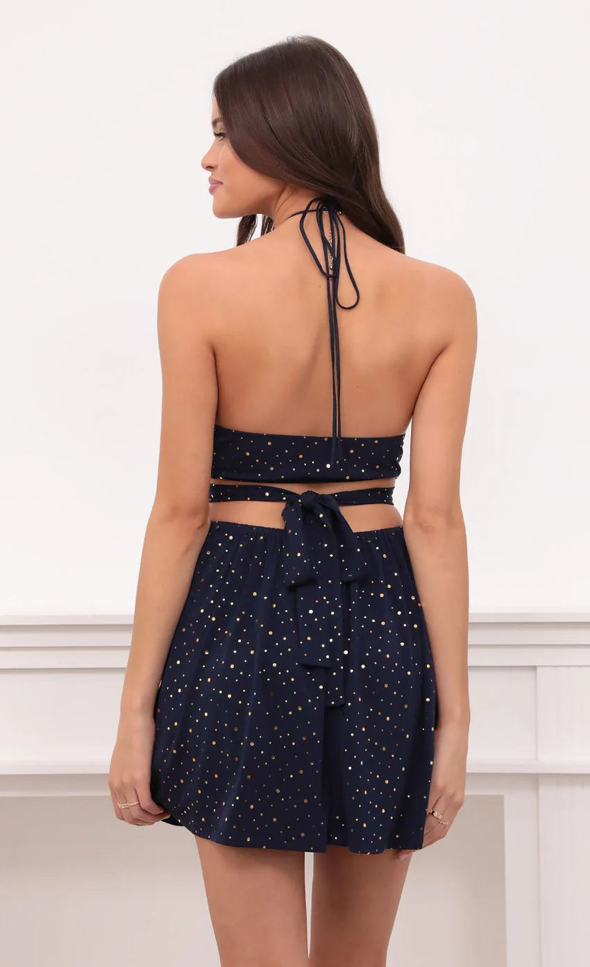 Shimmer Halter Cutout Dress in Navy