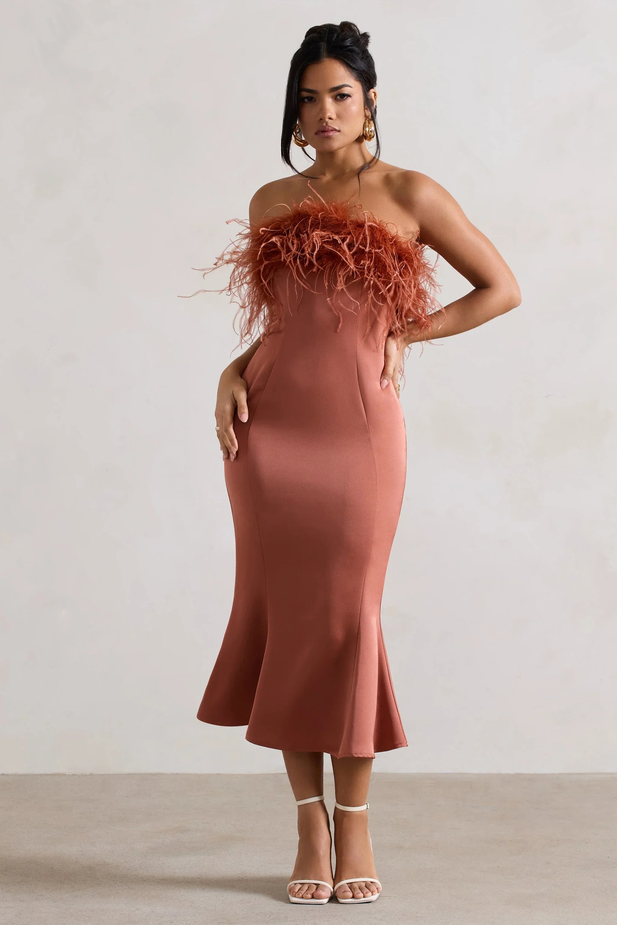 One And Only Rust Satin Feather Trim Bandeau Midi Dress