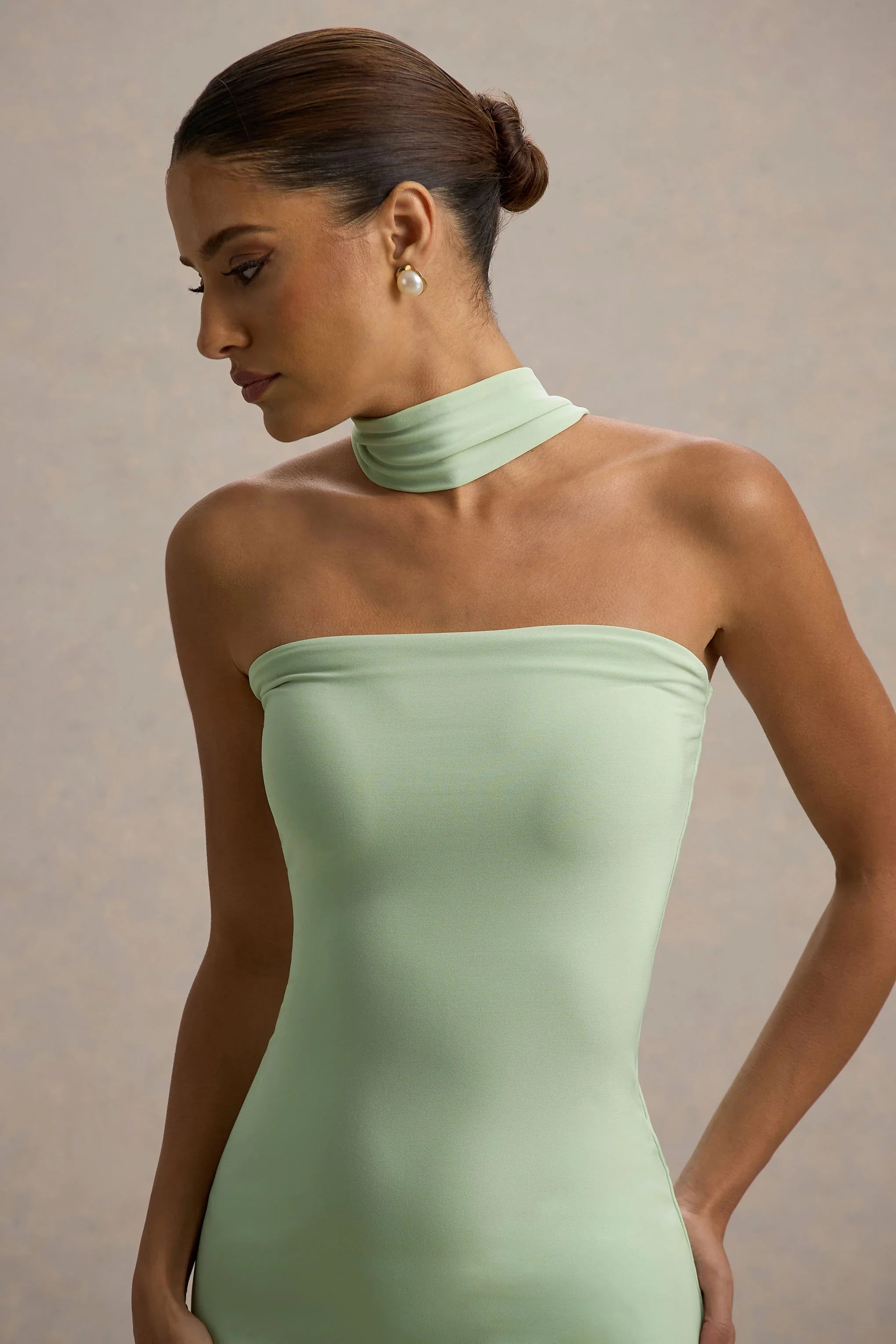 Nobu Light Green Bandeau Maxi Dress With Halter Collar
