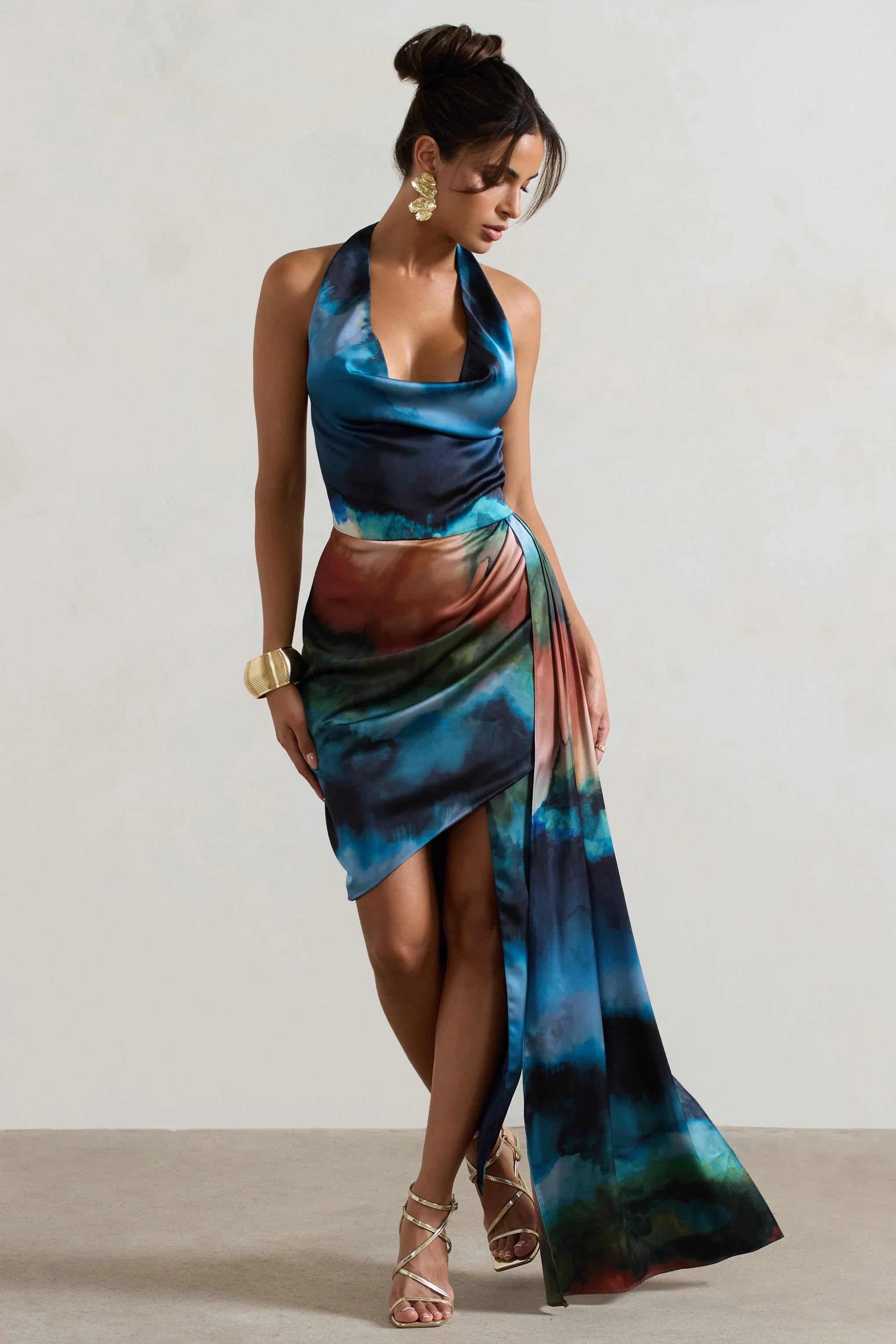 Bali Blue Blur Print Satin Cowl Neck Draped Midi Dress