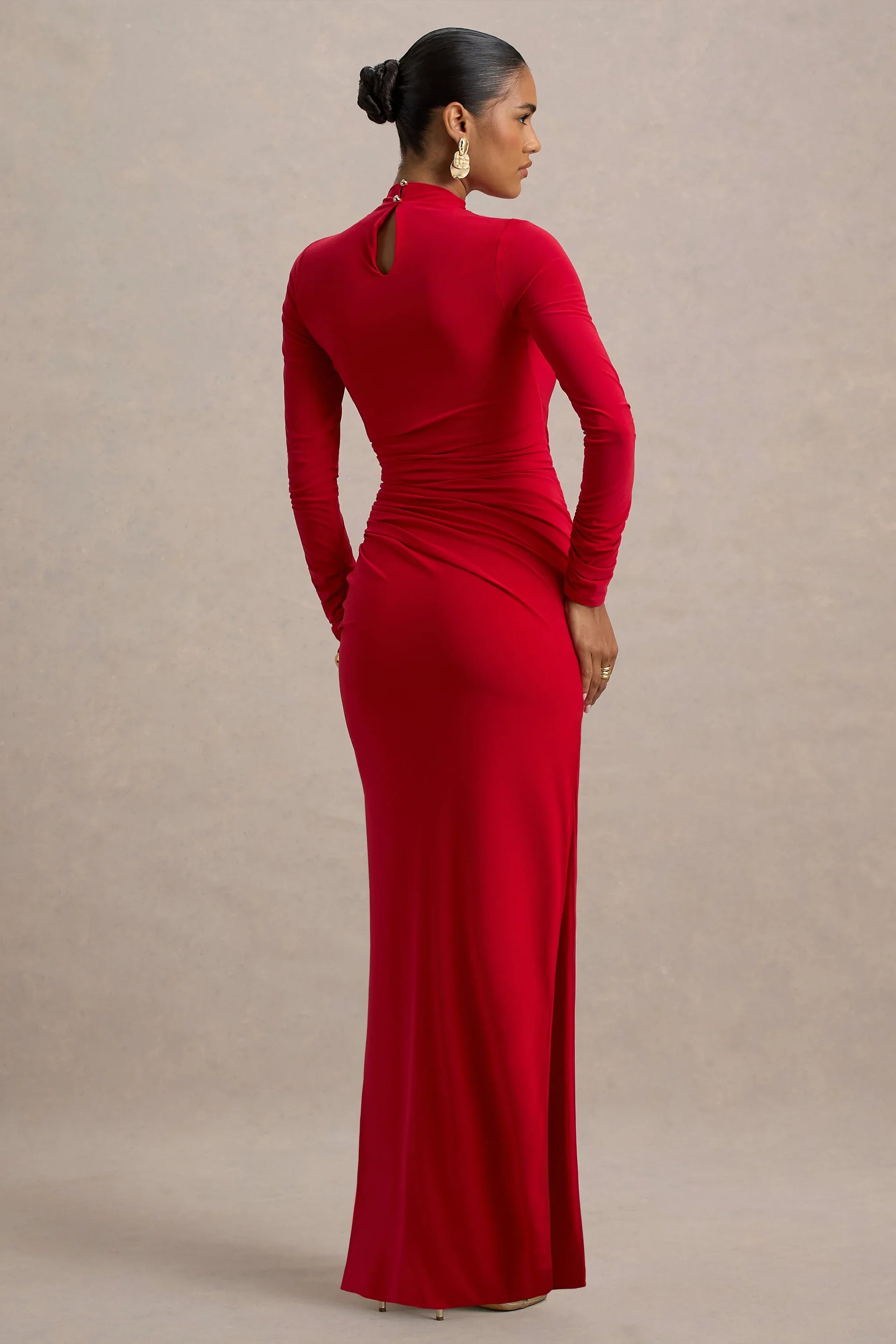 Alluring Red High Neck Maxi Dress With Ruched Detailing