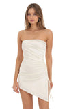 Satin Strapless Ruched Dress in White