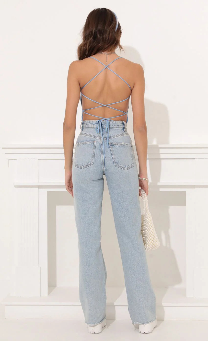 Strappy Back Bodysuit in Blue Velvet Butterfly