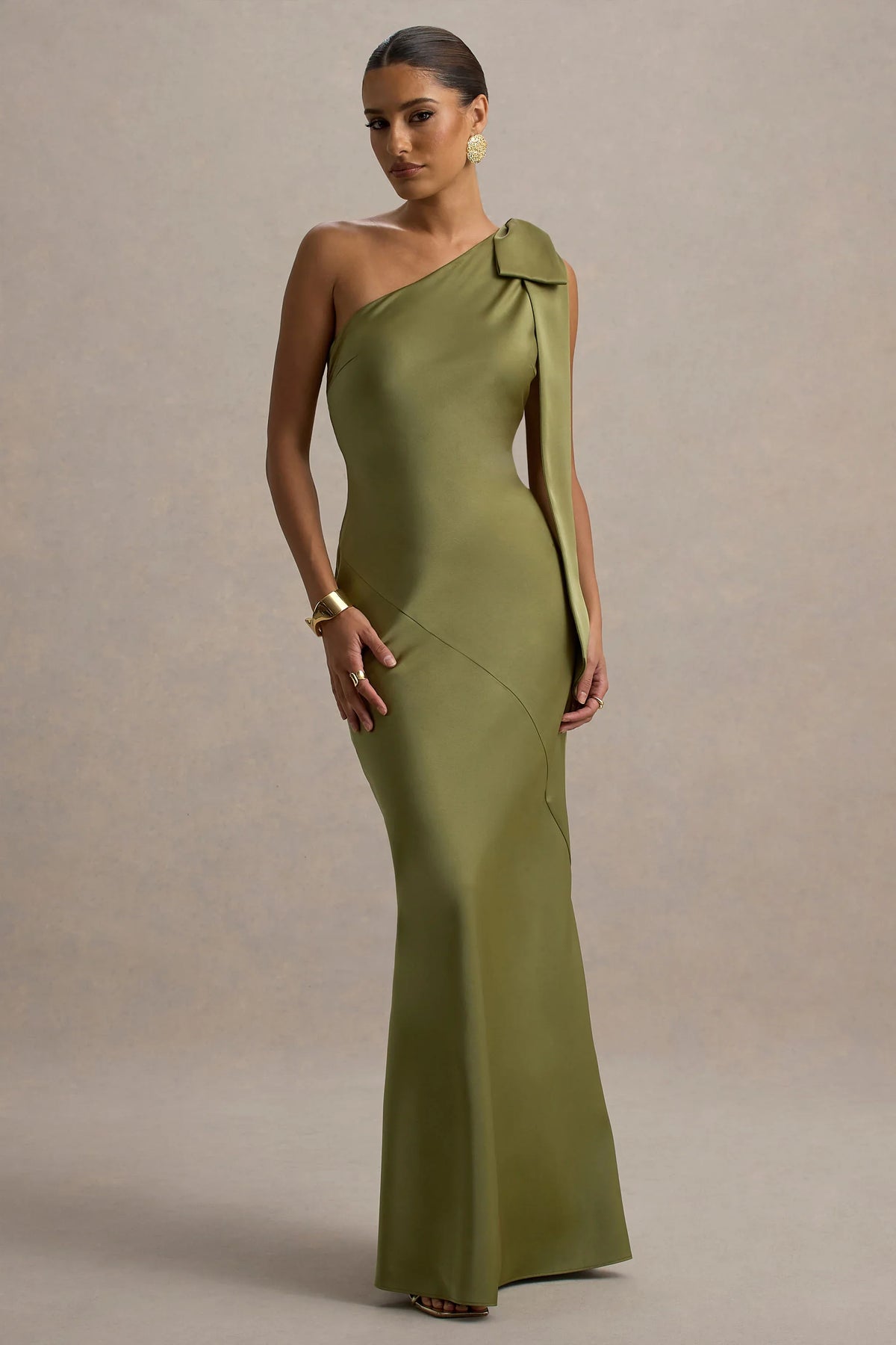 Here For Love Khaki Satin Asymmetric Maxi Dress With Bow