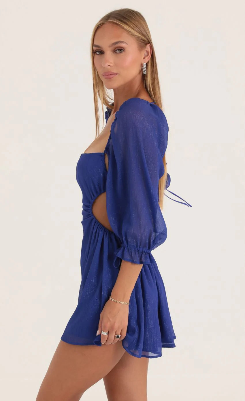 Shimmer Chiffon Open Back Dress in Blue