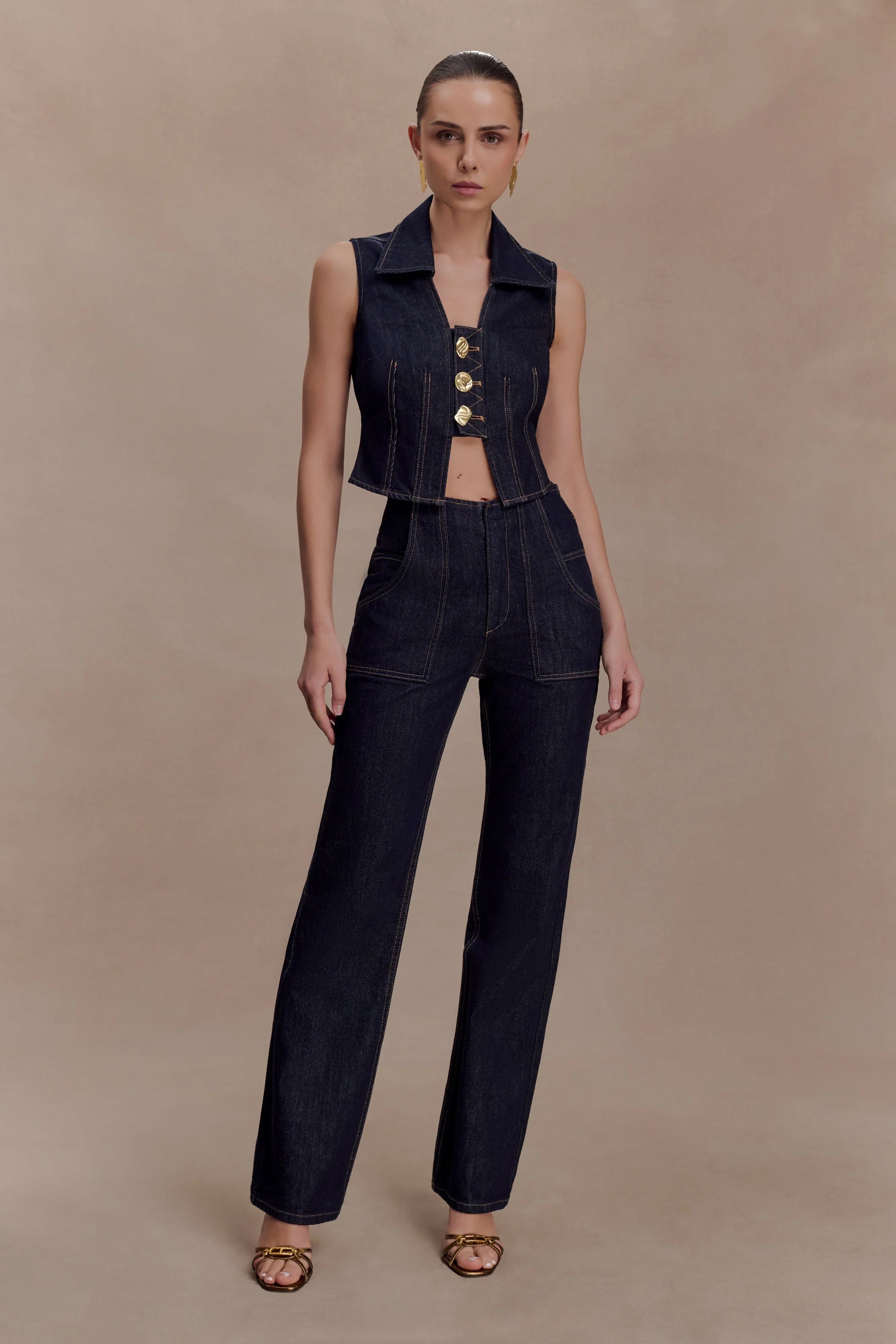 Shona Denim Vest With Decorative Buttons Washed Indigo Blue