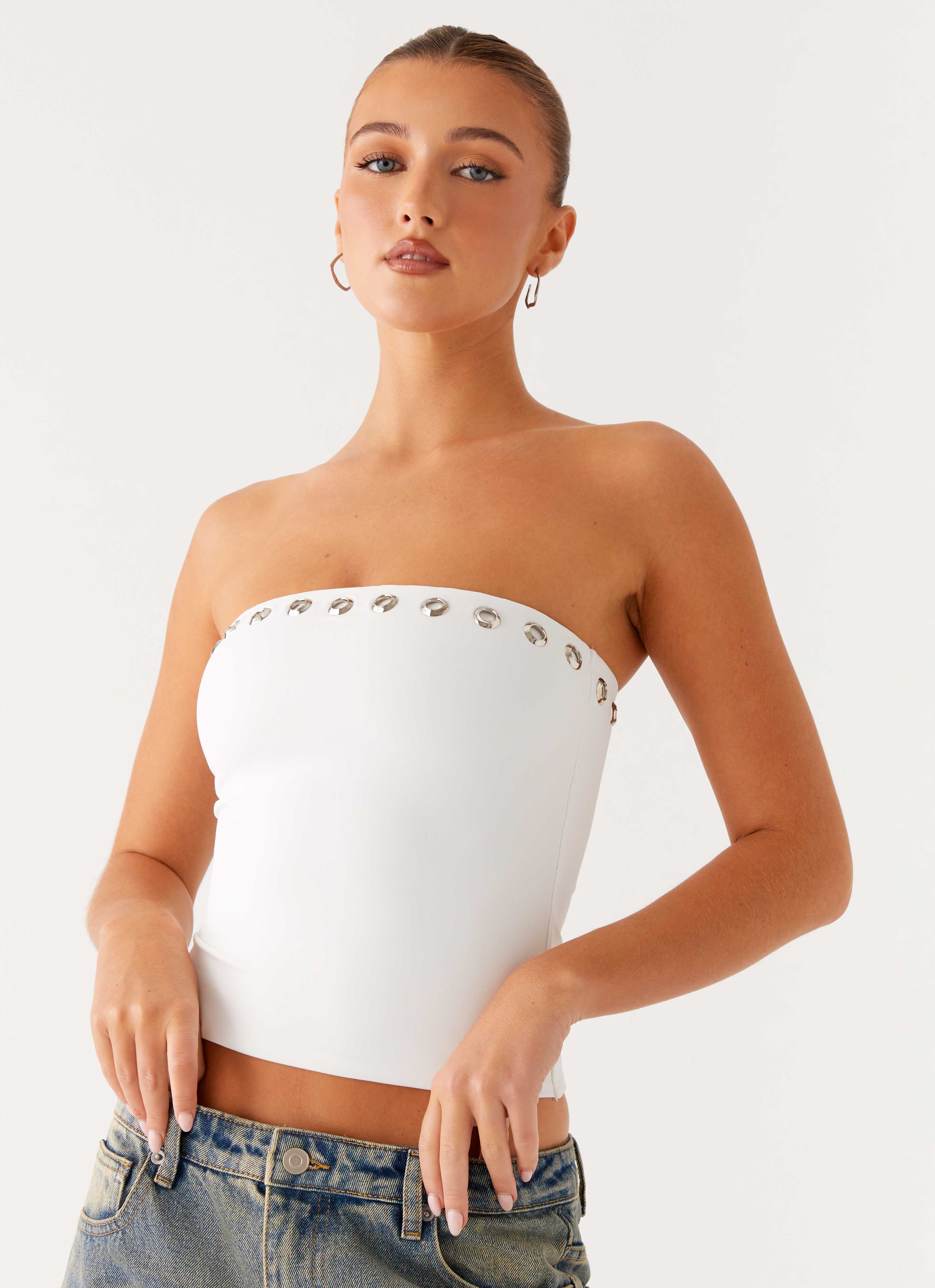 Miku Eyelet Strapless Top White