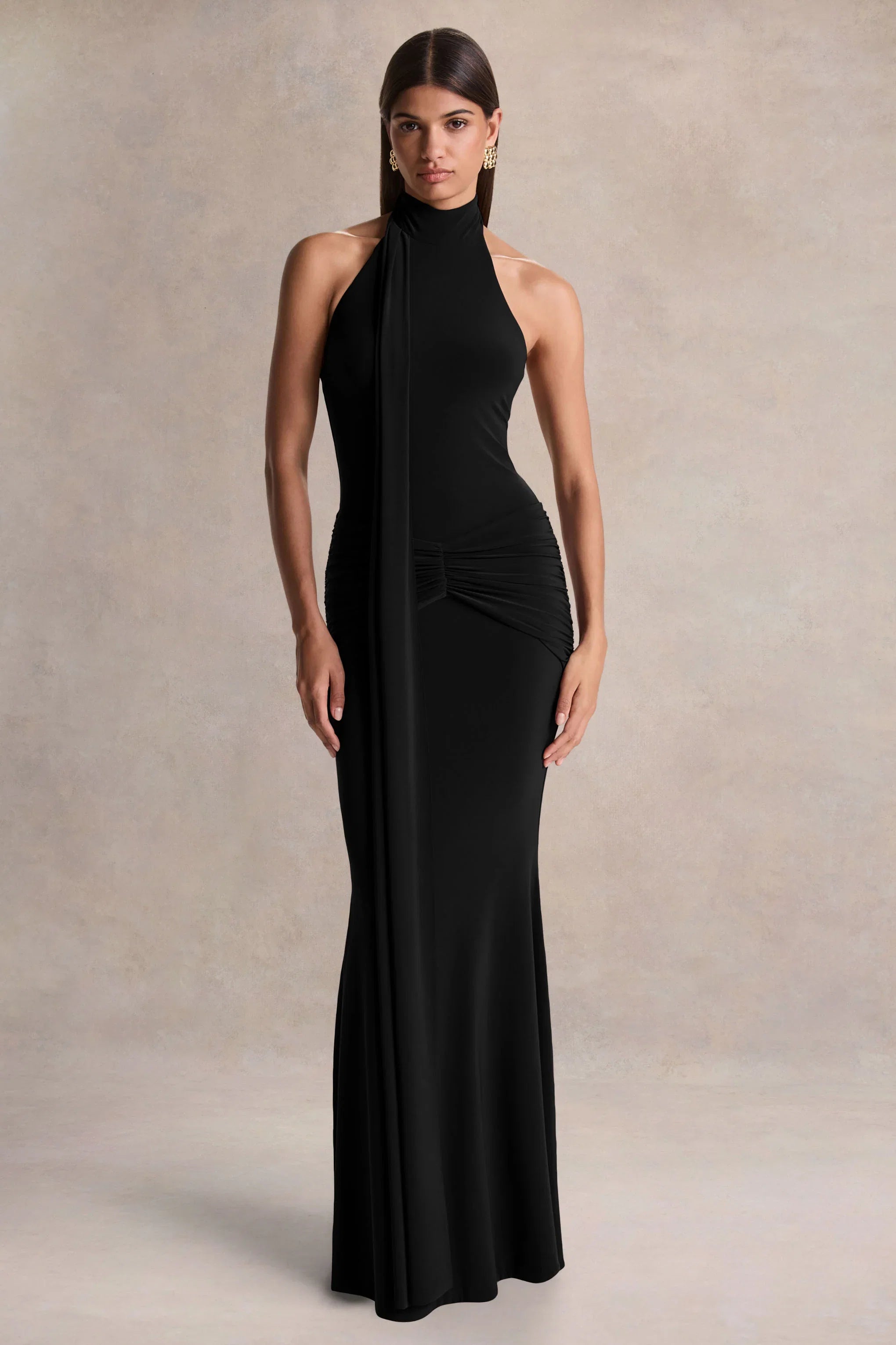 Hyla Black High Neck Maxi Dress With Sash Detail