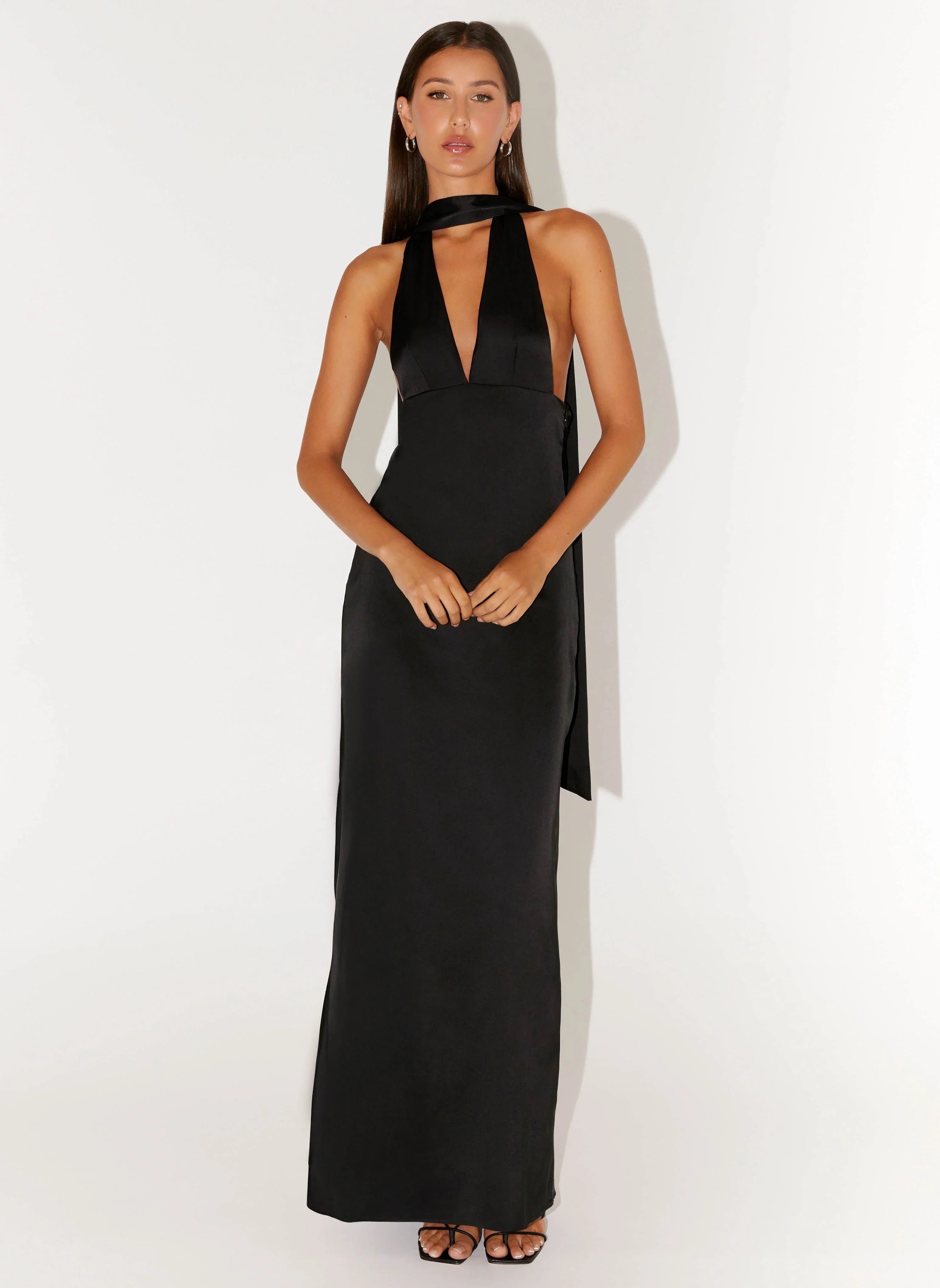 Alicia Satin Halter Maxi Dress Black