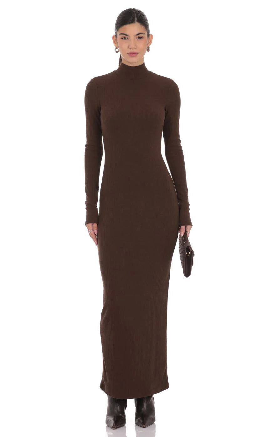 Ribbed Knit Mock Neck Maxi Dress in Brown