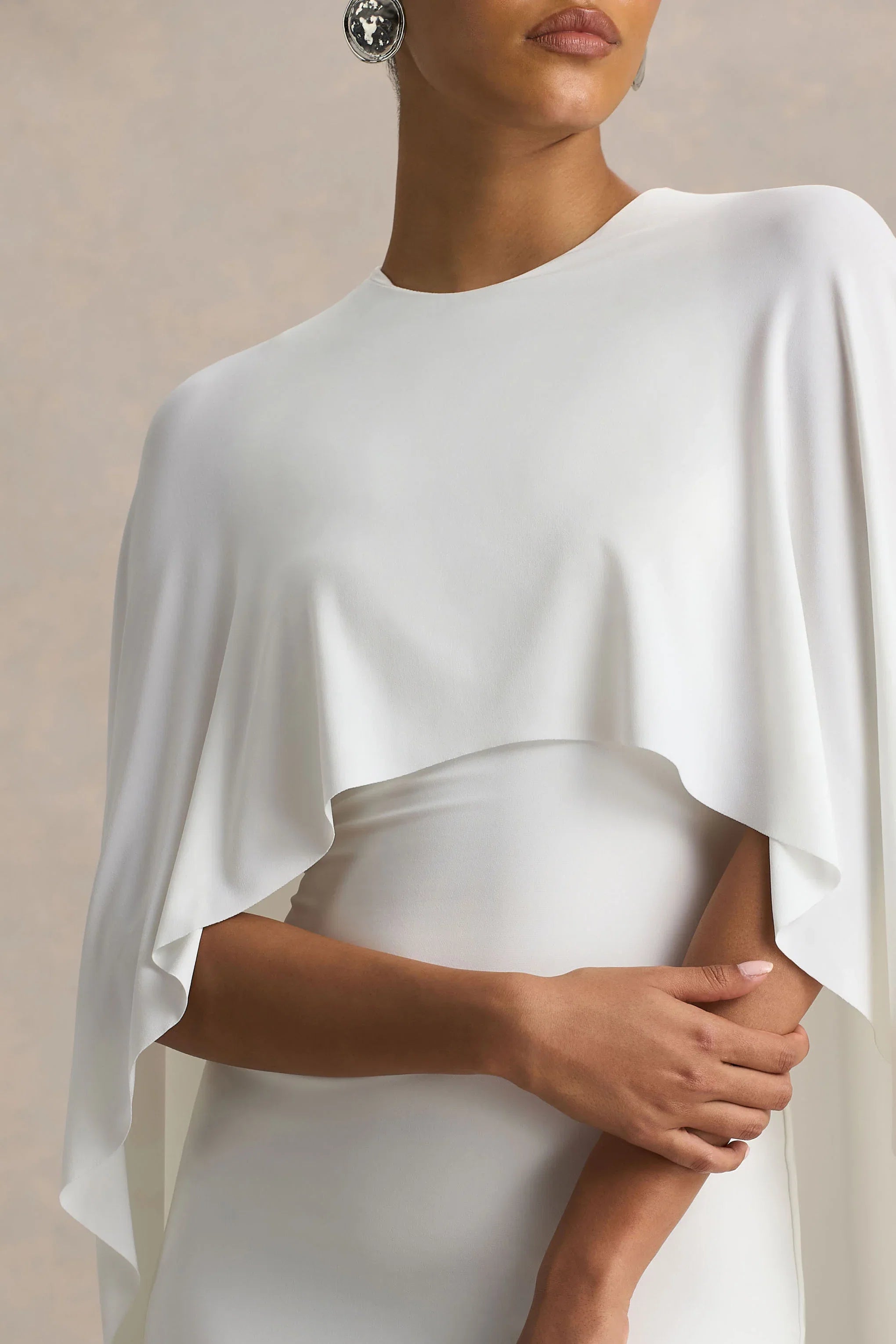 Padma White Draped Maxi Dress With Cape Sleeves