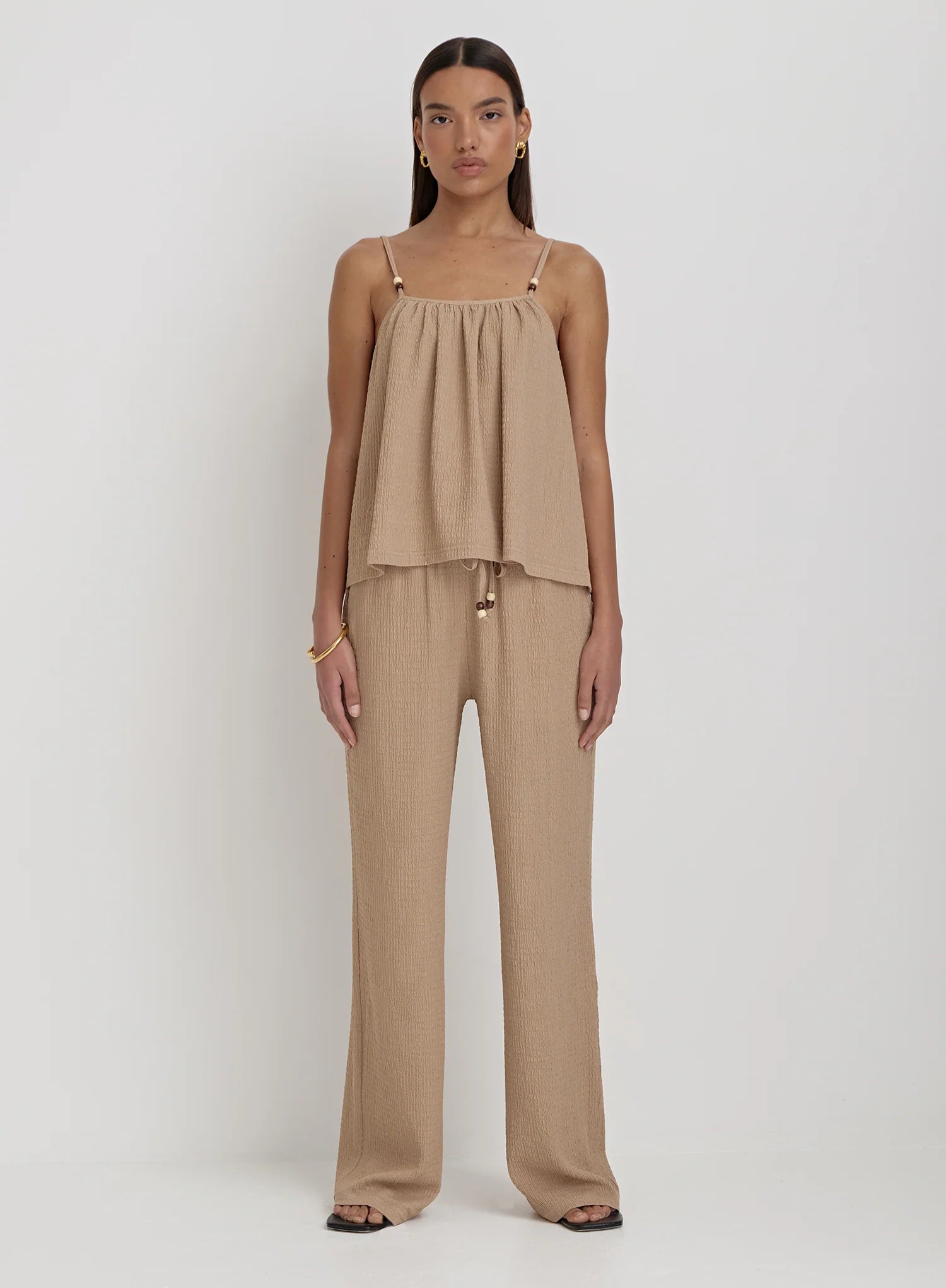 Camel Textured Wide Leg Trouser