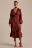 Sabina Rust Devore Plunge Neck Midi Dress