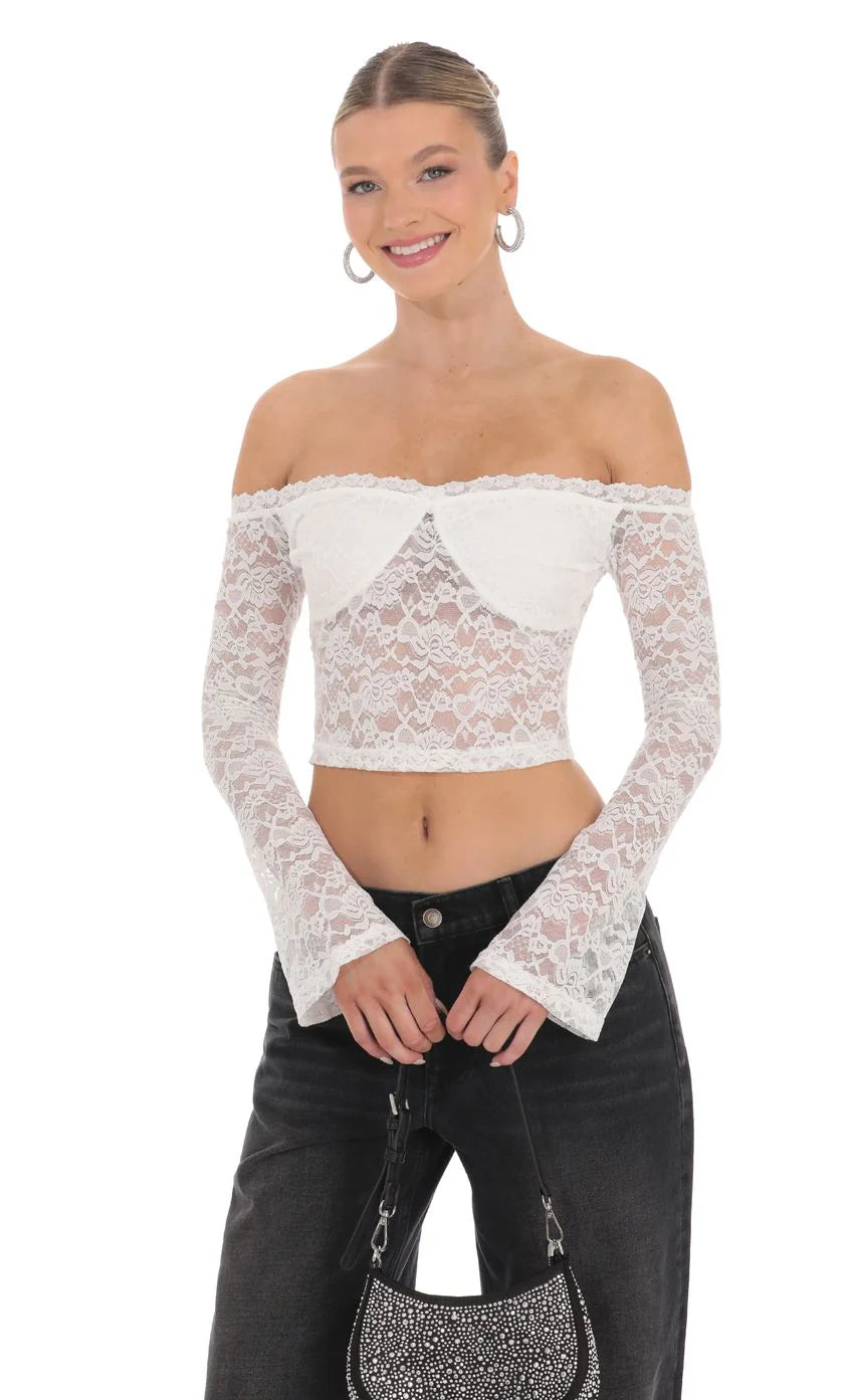 Off Shoulder Sheer Lace Top in White