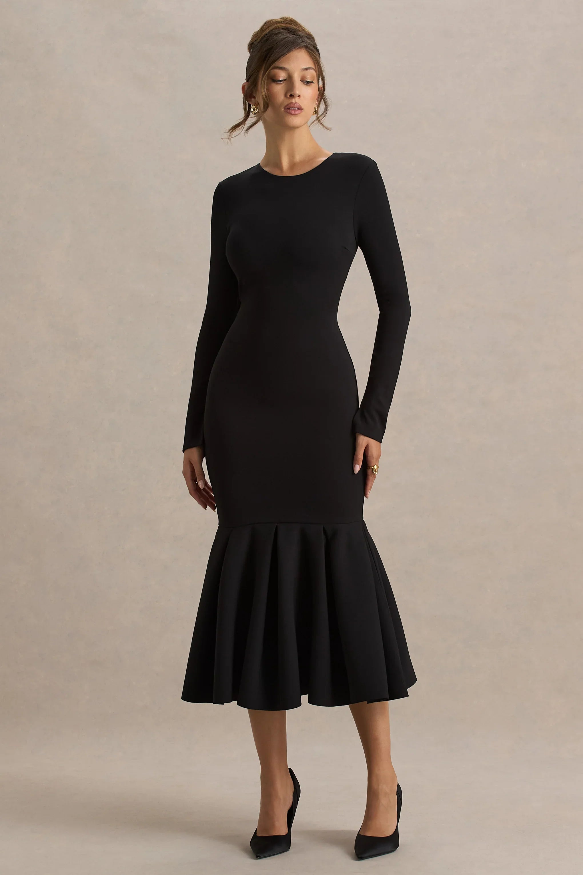 Liberty Black High Neck Mermaid Midi Dress With Ruffling Detail