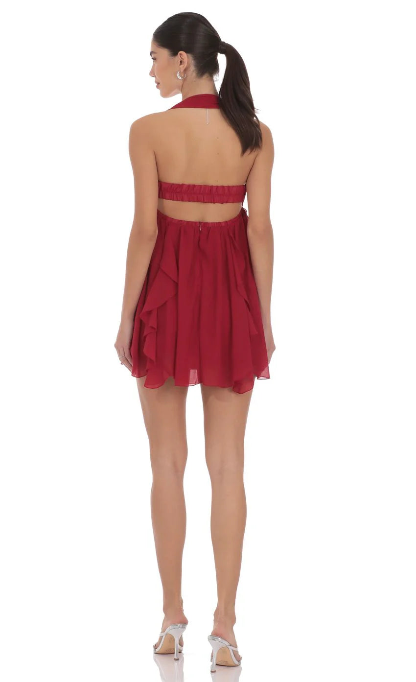 Halter Ruffle Babydoll Dress in Maroon