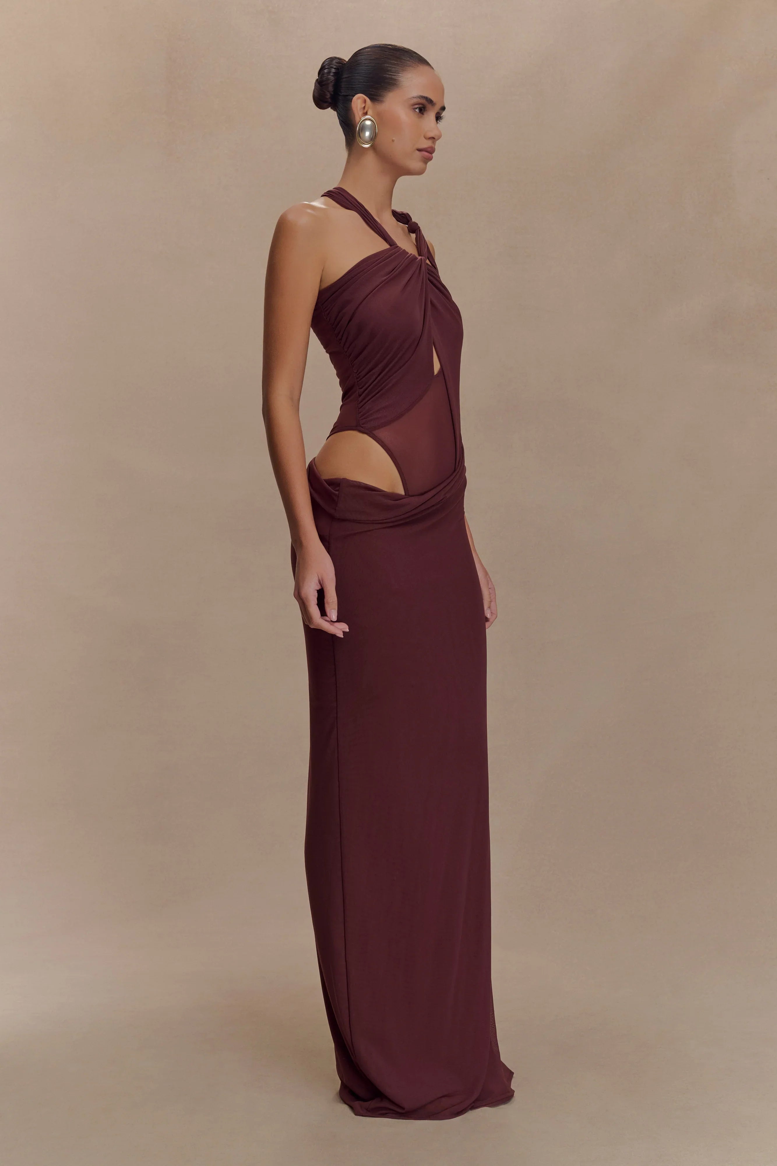 Edwina Knotted Mesh Maxi Dress Mahogany
