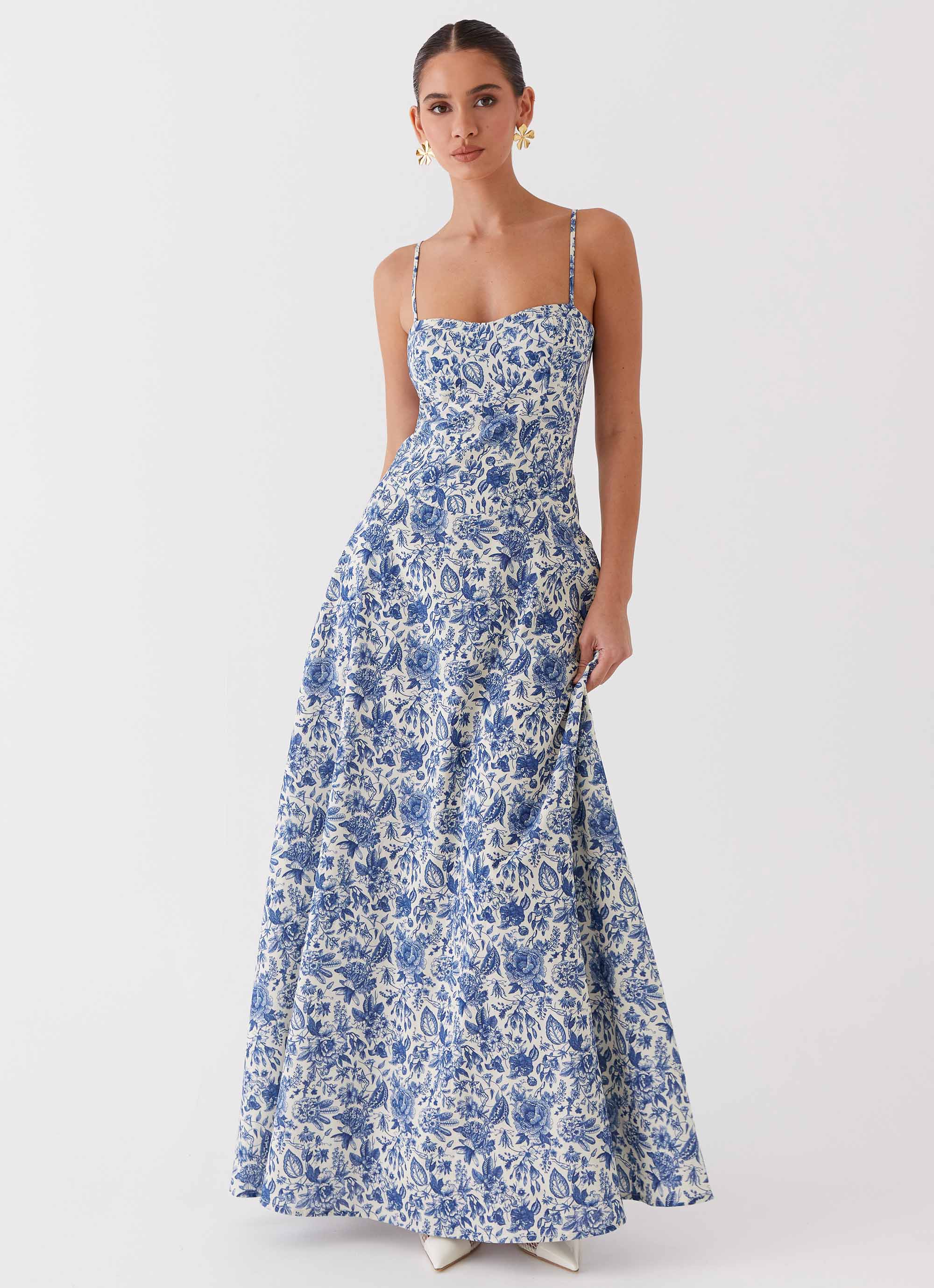 Angelina Linen Maxi Dress Blue Paisley
