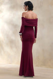 Brisea Burgundy Bardot Neck Maxi Dress