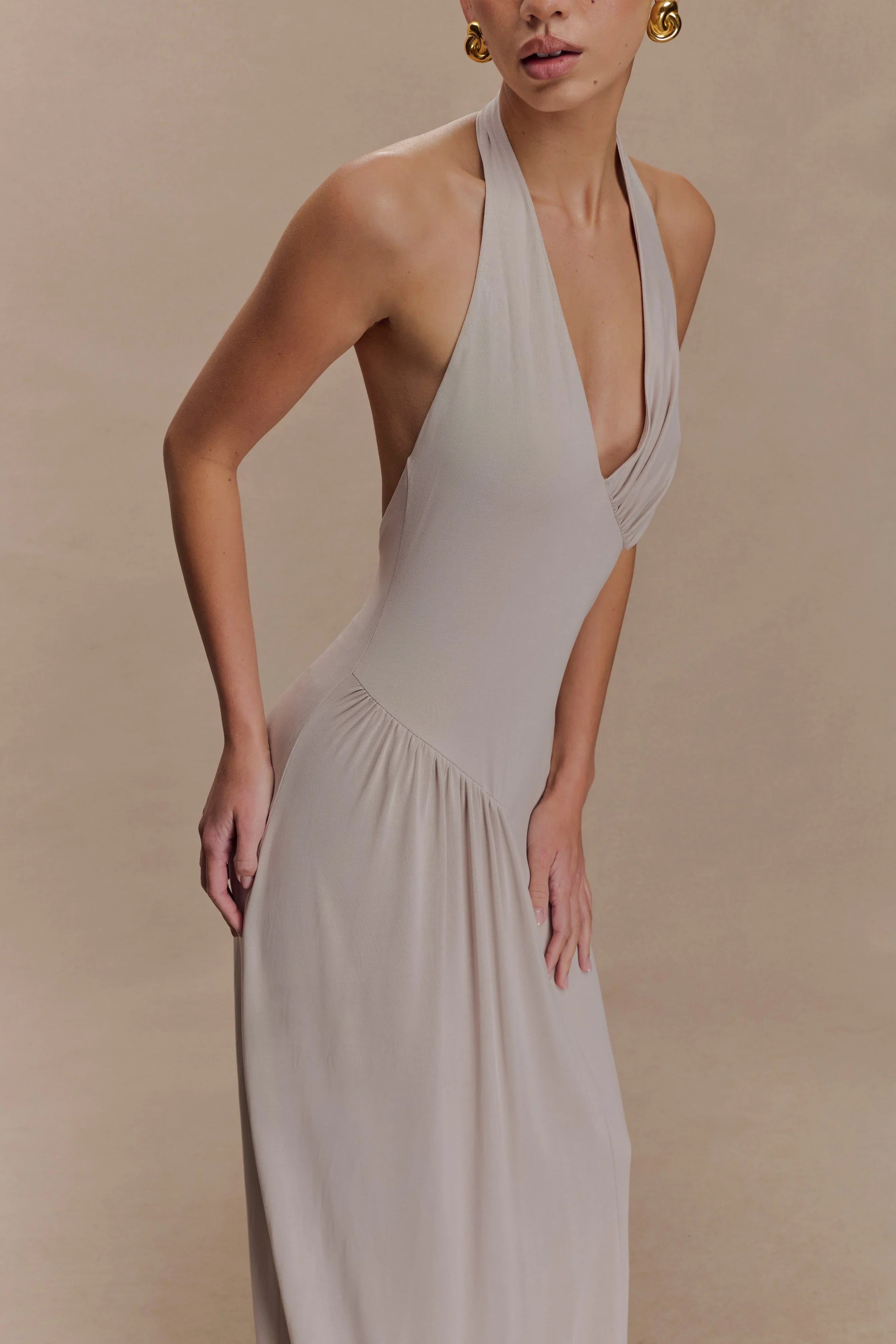 Yelena Ruched Halter Maxi Dress Taupe