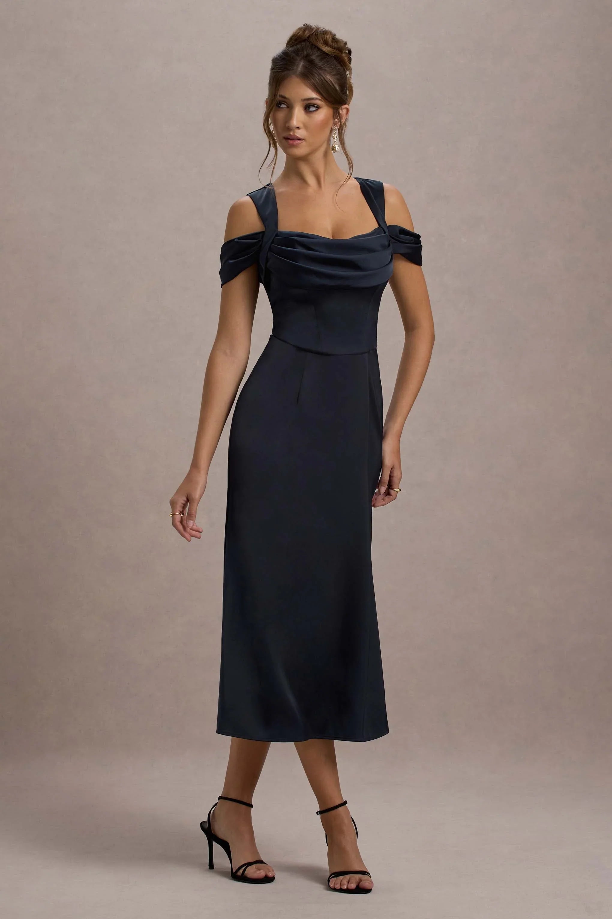 Sawyer Navy Satin Draped Midi Dress
