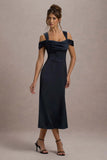 Sawyer Navy Satin Draped Midi Dress