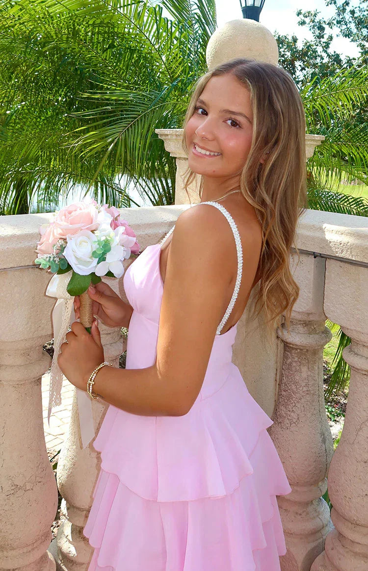 Felicity Pink Pearl Strap Ruffle Maxi Dress PRE ORDER