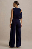 Opulence Navy Jumpsuit With Cape Sleeve and Draped Details