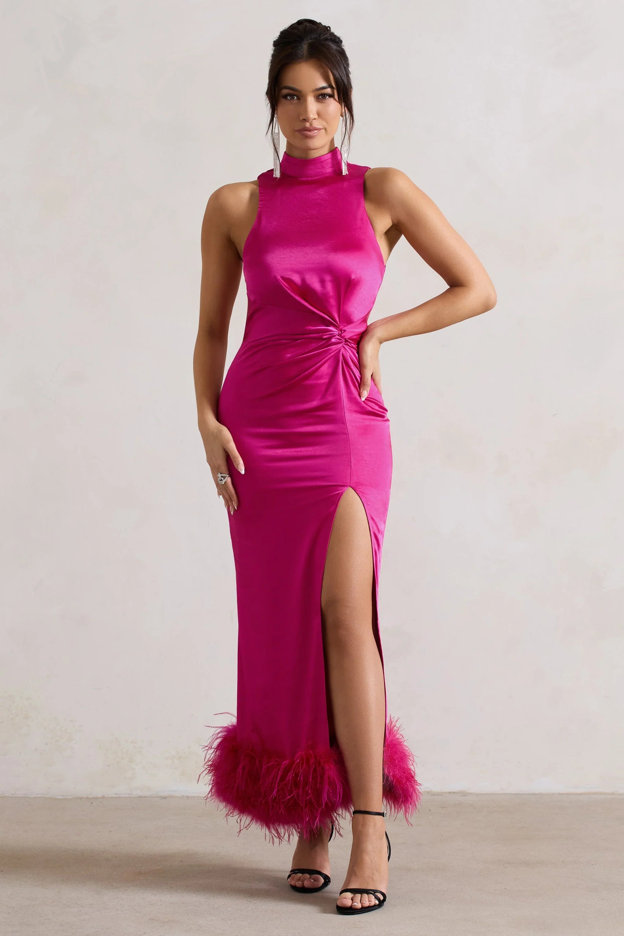 Zoe Dark Pink Satin Twist Split Maxi Dress With Feather Trim