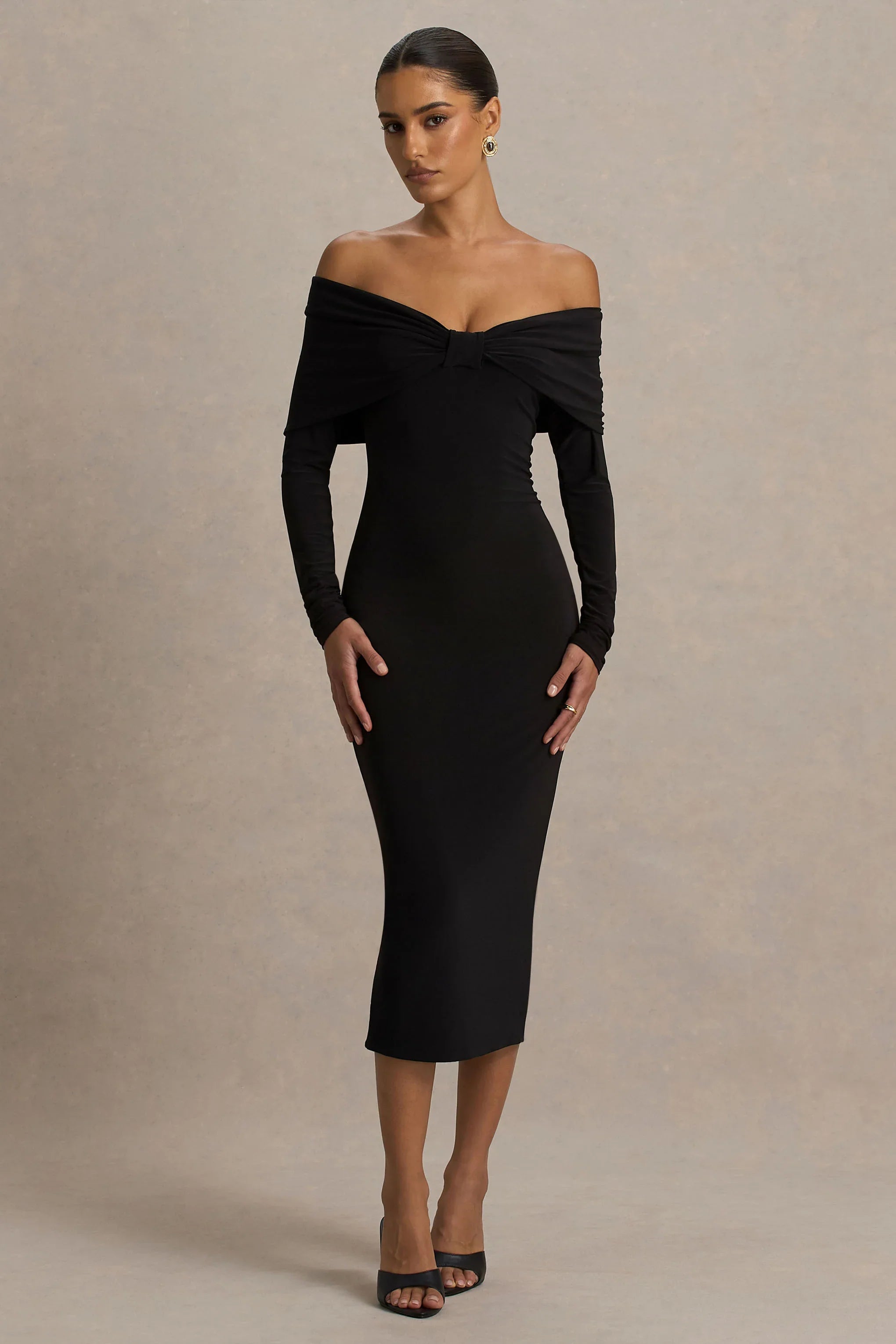 Spark Black Bardot Neck Midi Dress With Bow Detail