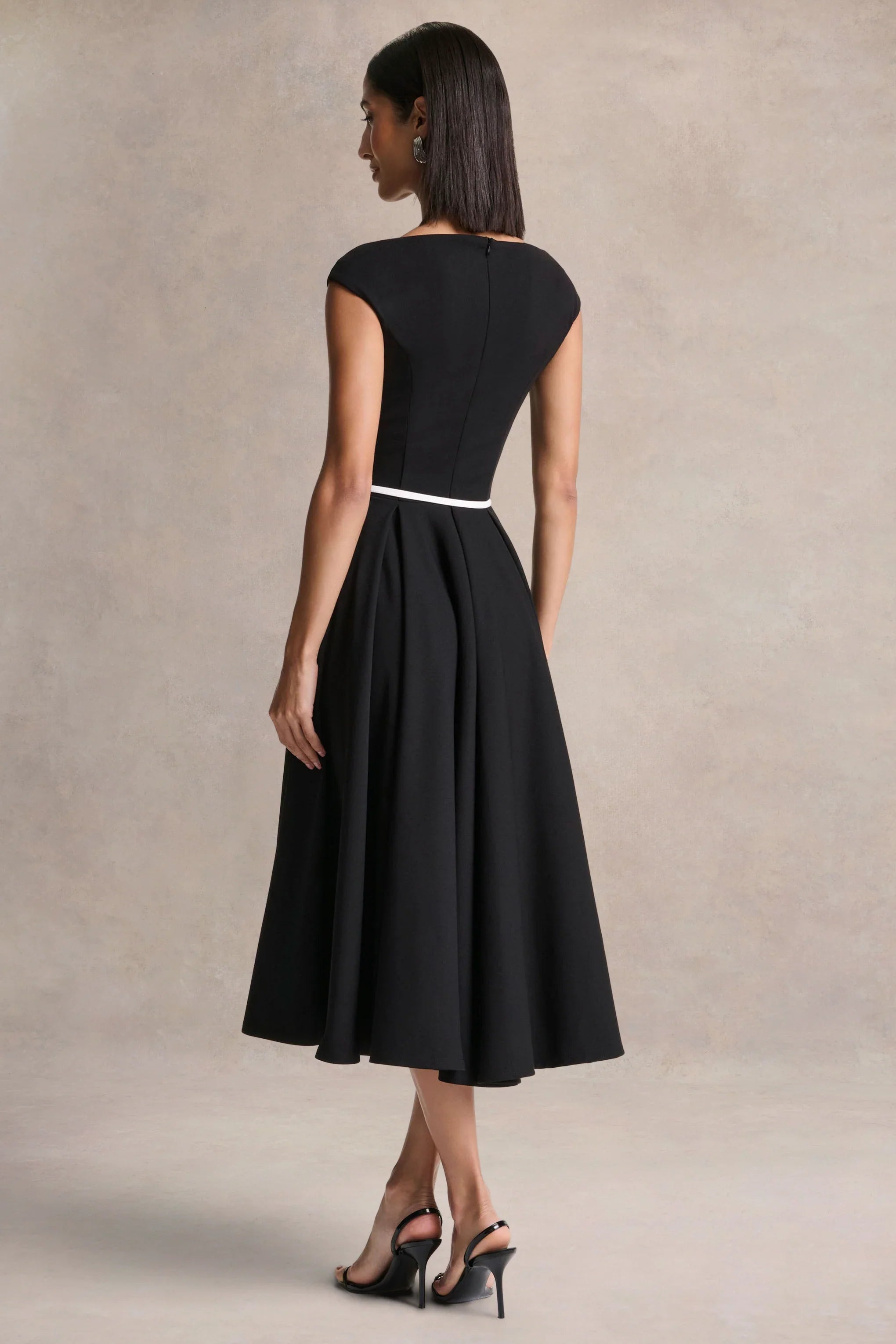 Nataline Black Round Neck Midi Dress With White Belt Detail