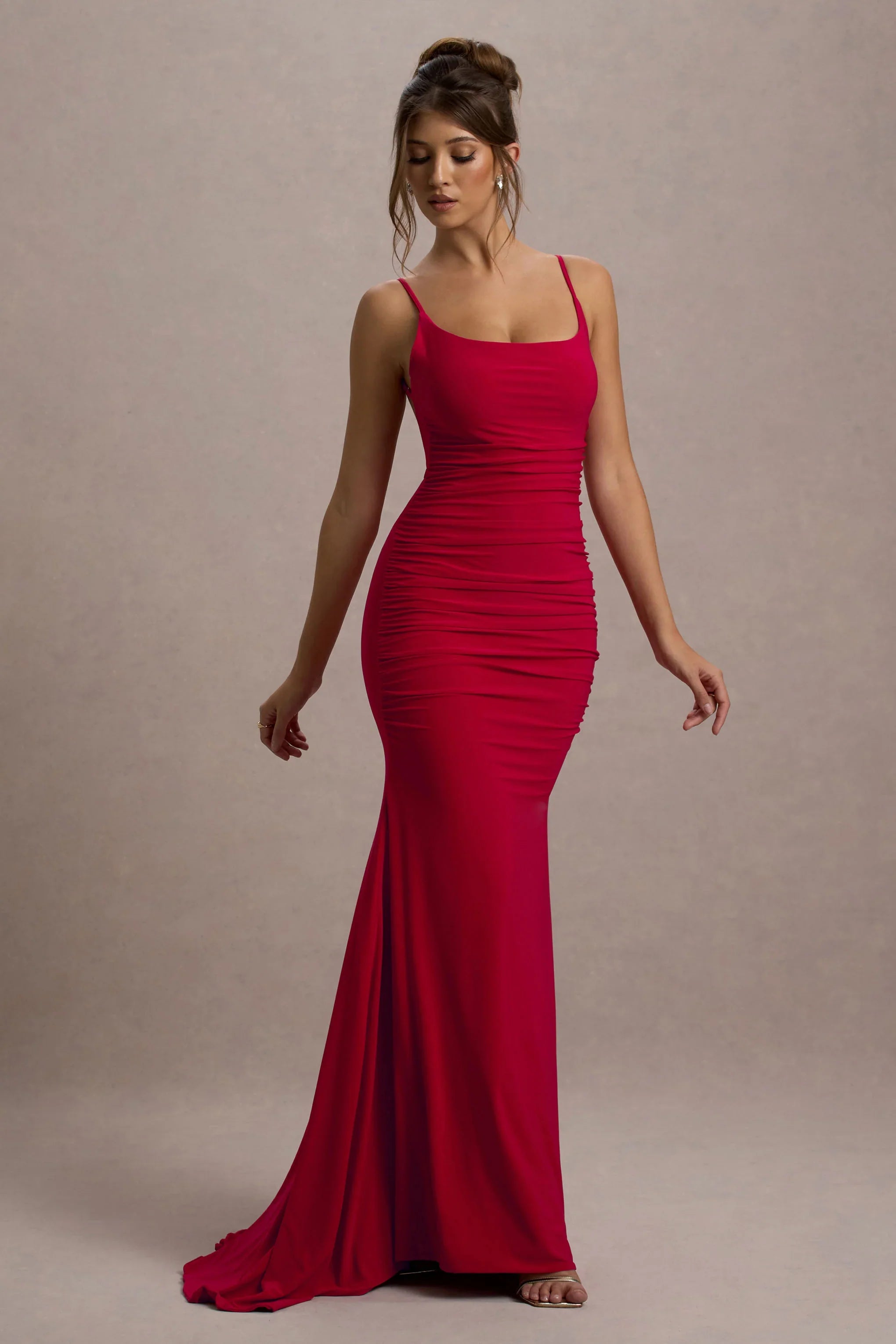 Adele Red Ruched Fishtail Cami Maxi Dress