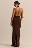 Delisse Brown Asymmetric Neck Maxi Dress