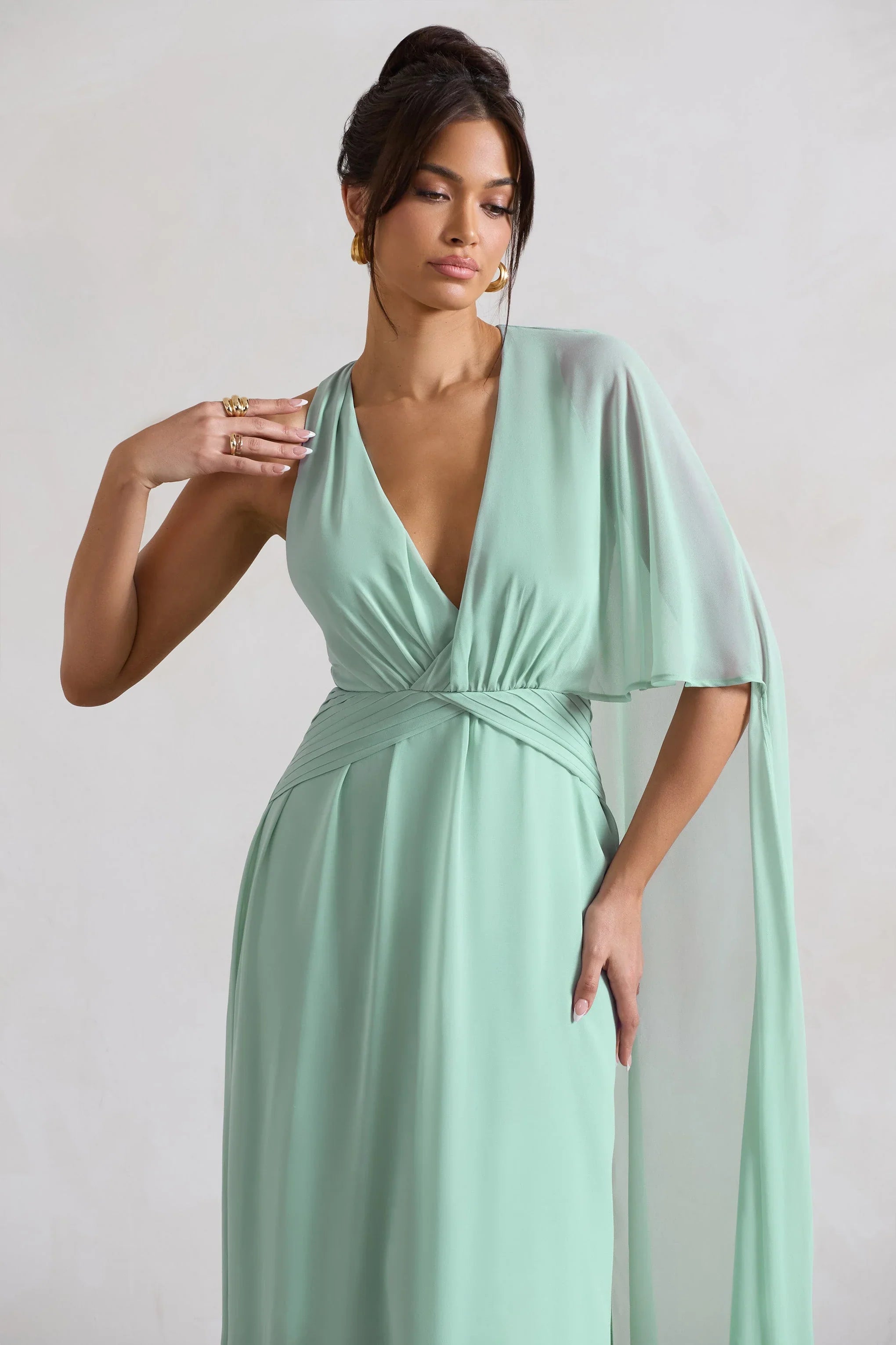 Fairytale Sage Plunge Neck Chiffon Maxi Dress With Cape Sleeve