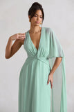 Fairytale Sage Plunge Neck Chiffon Maxi Dress With Cape Sleeve