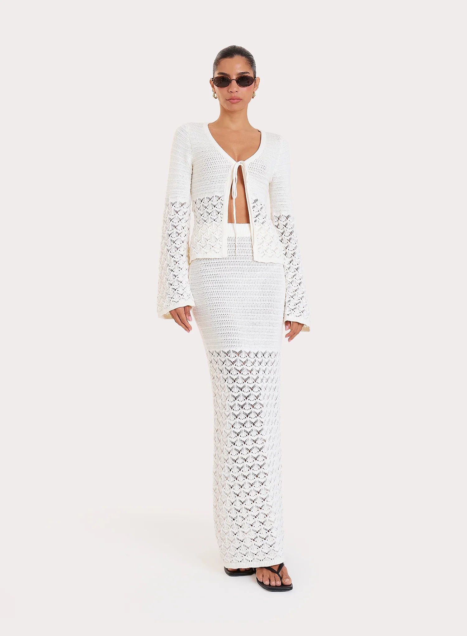 Cream Crochet Drop Waist Maxi Skirt
