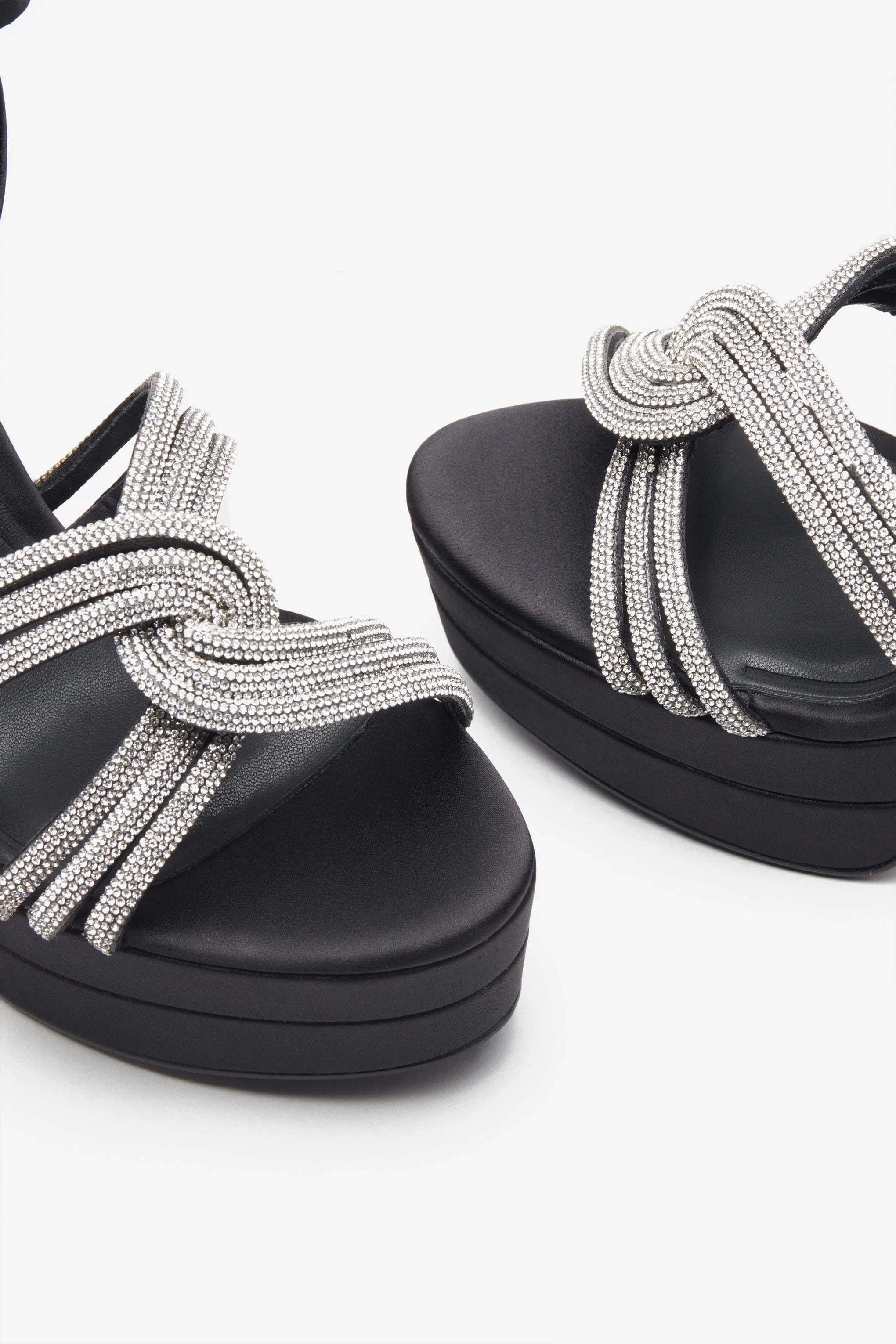 Doll Drama Black Satin Diamante Strappy Platform Heels