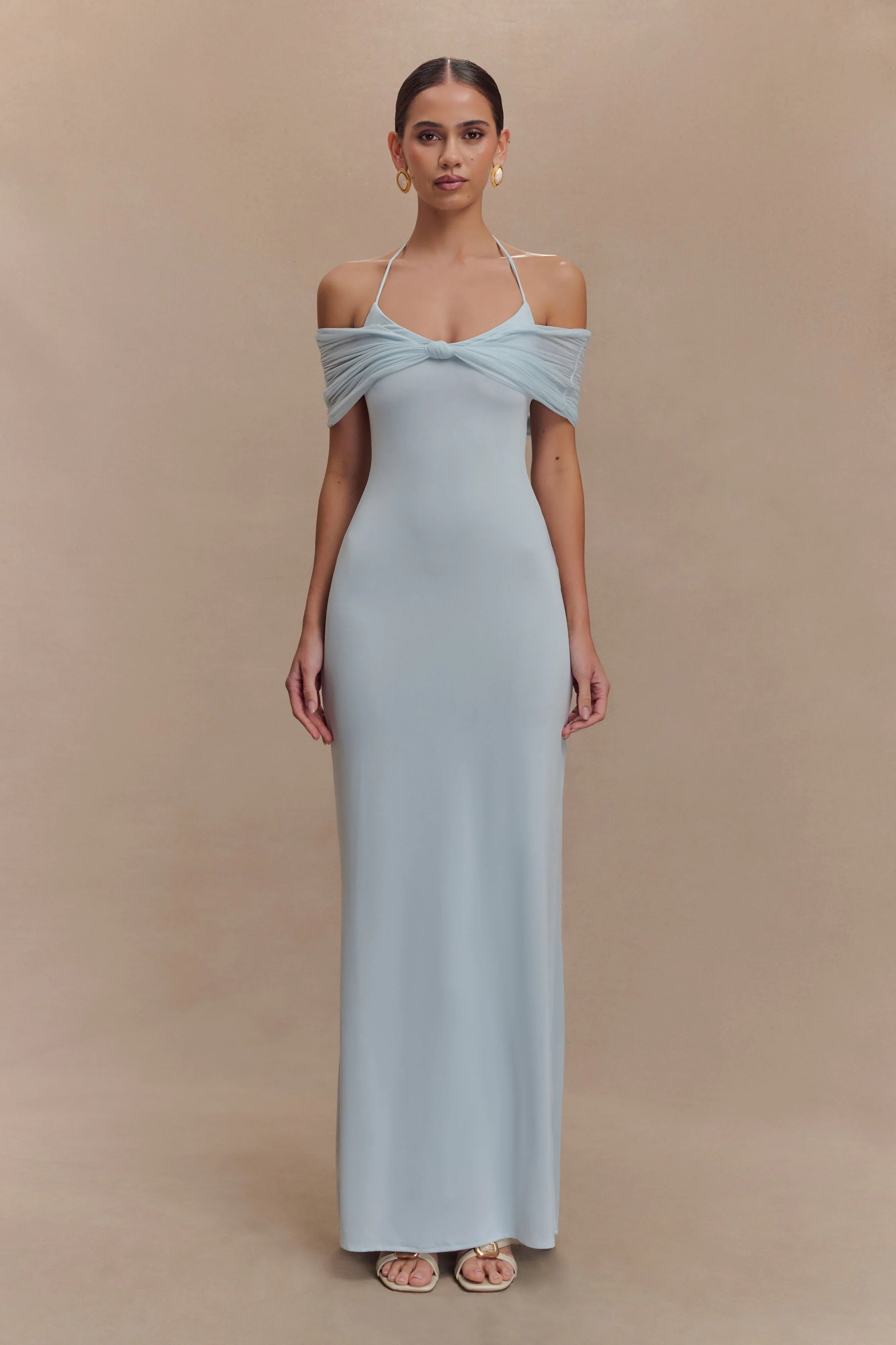 Bernadina Mesh And Slinky Halter Maxi Dress Pale Blue