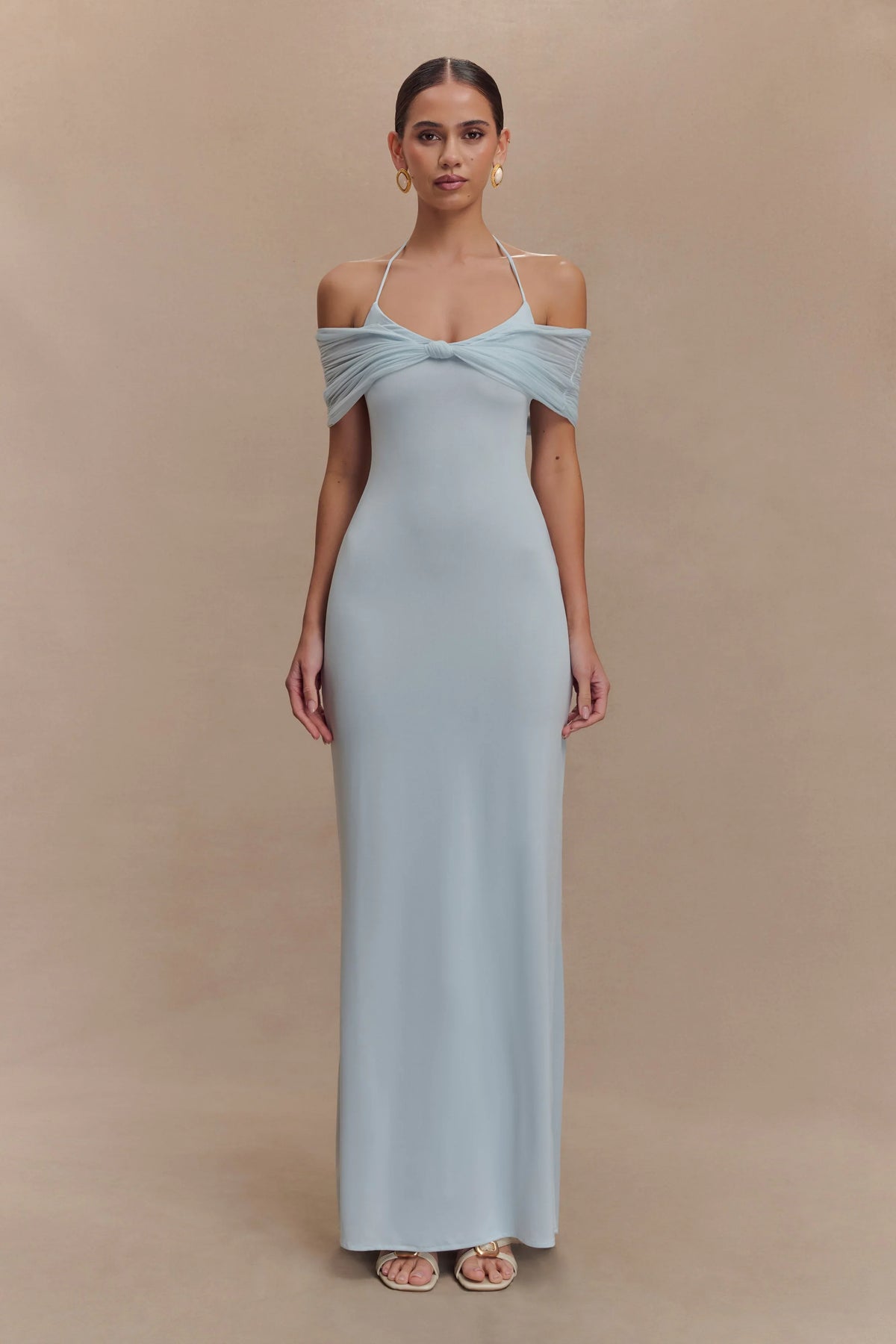 Bernadina Mesh And Slinky Halter Maxi Dress Pale Blue