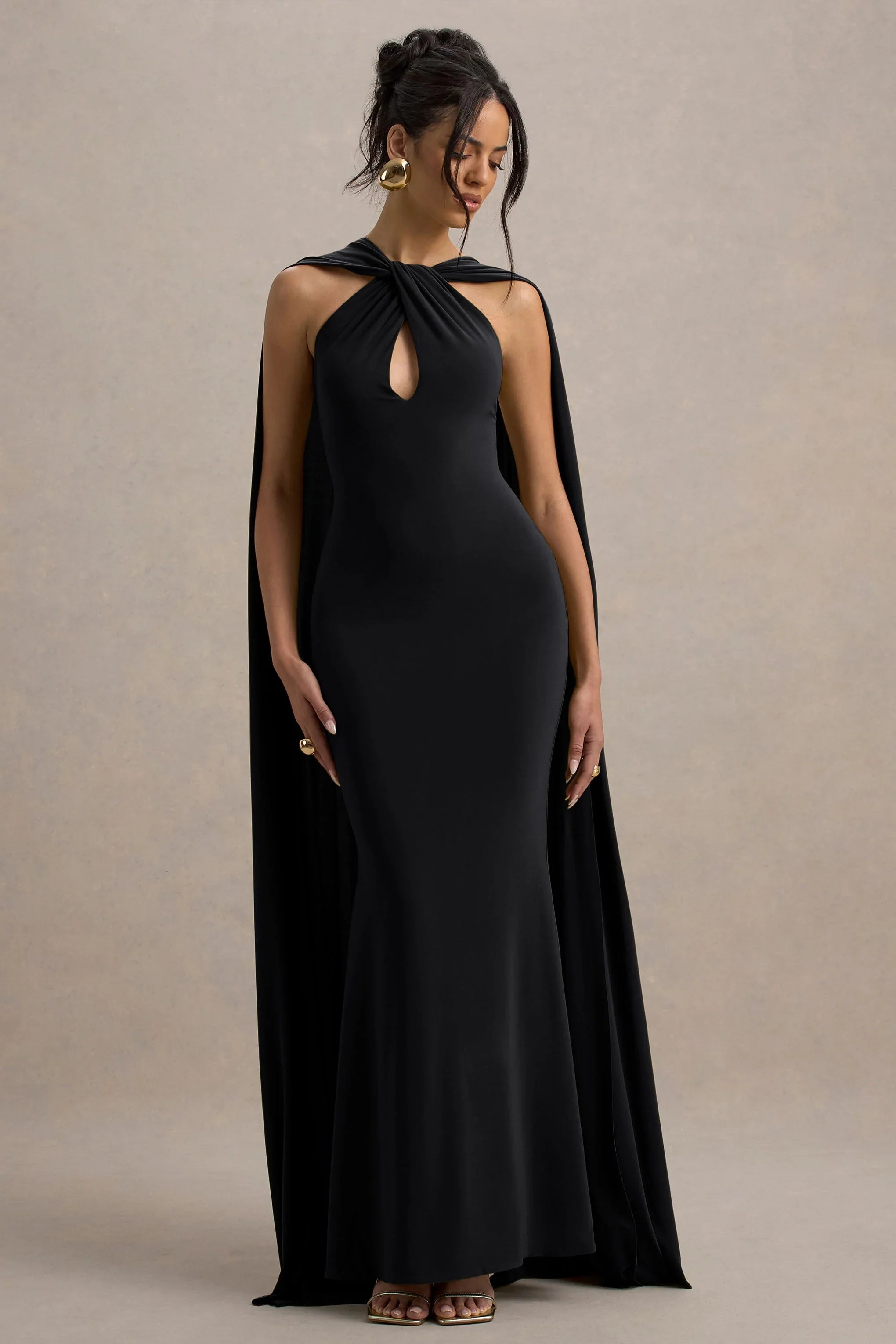 Rhoda Black Twist Halter Neck Cape Maxi Dress