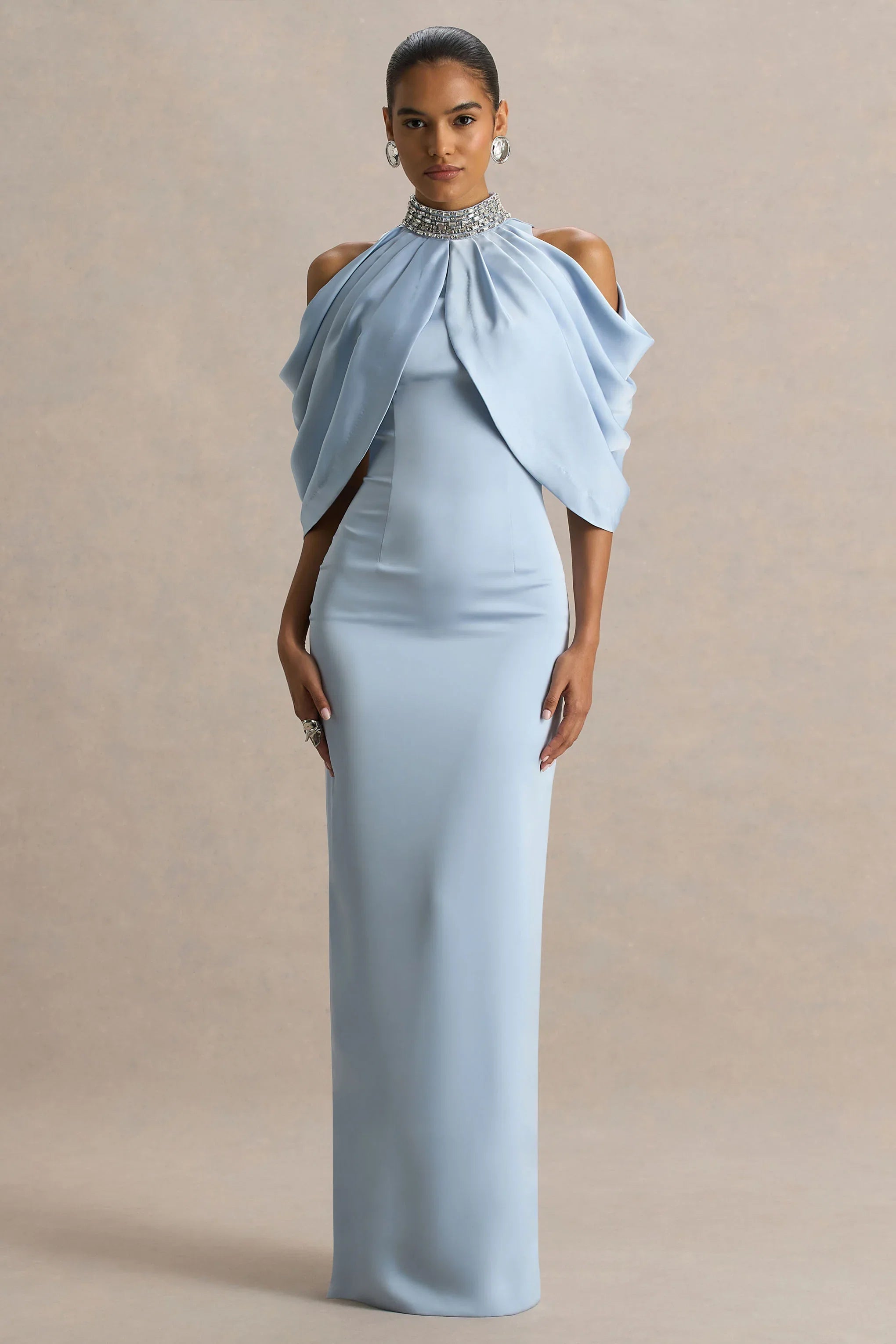 Sulliana Powder Blue Satin High Neck Maxi Dress With Embellished Detail And Cape Sleeves