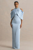Sulliana Powder Blue Satin High Neck Maxi Dress With Embellished Detail And Cape Sleeves