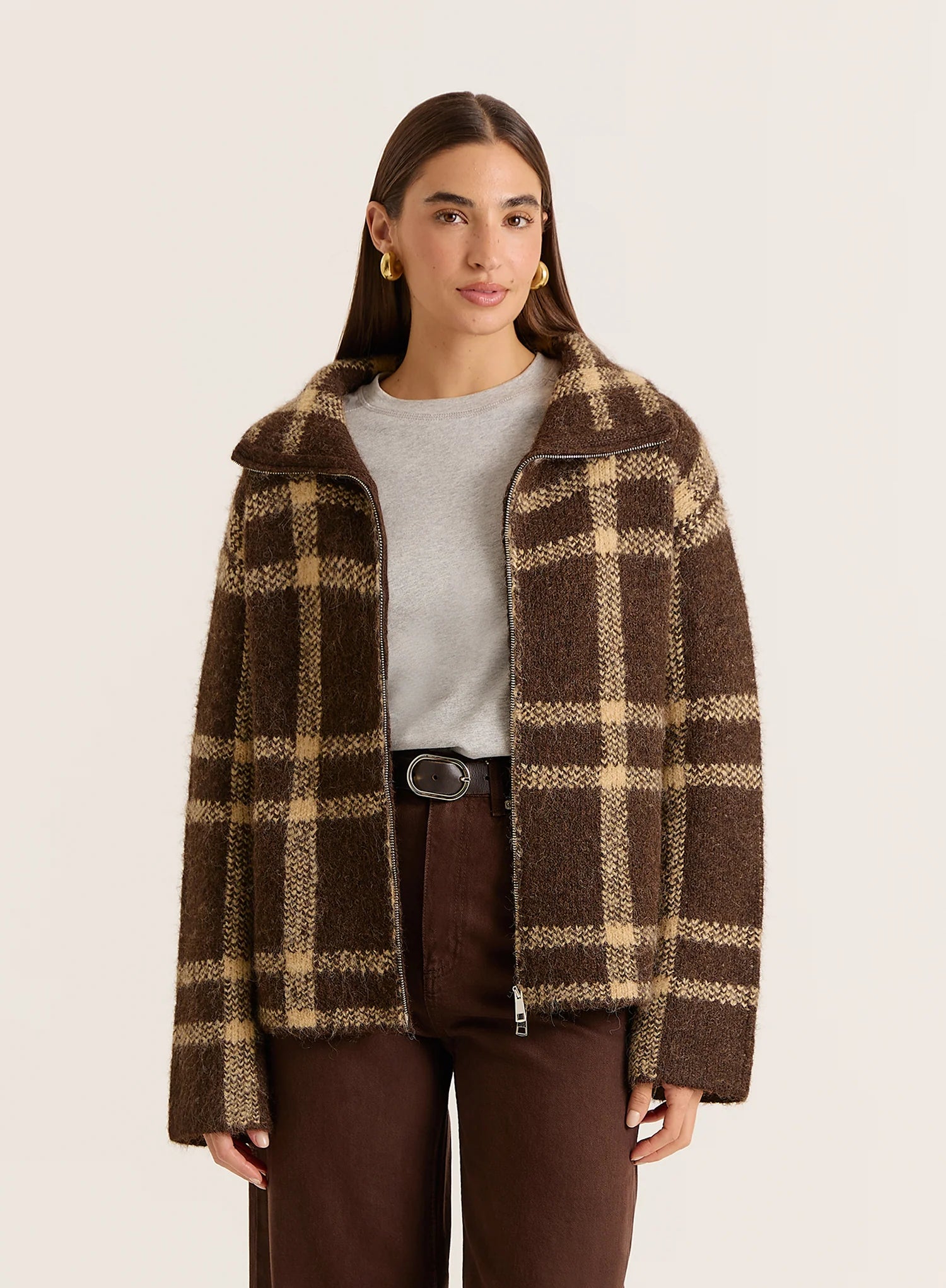 Chocolate Checked Knitted Zip Jacket